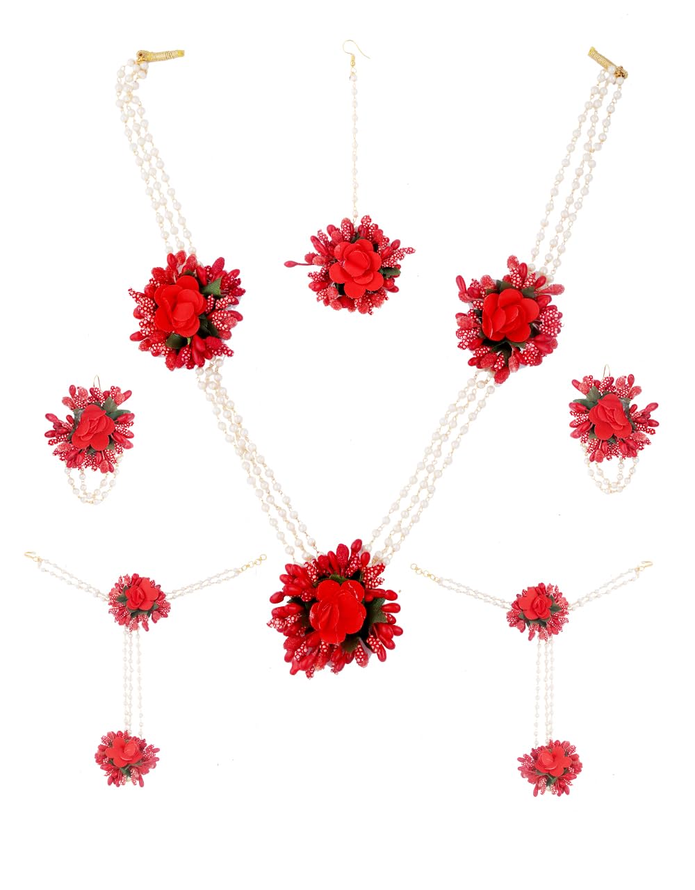 Art Jewellery Trendy Red Colour Flower Jewellery Set for Haldi Gota Patti Necklace Earrings, Bracelet & Maang Tika for Women & Girls (Mehandi/Haldi/Wedding/Bridal/Baby Shower)-image-6