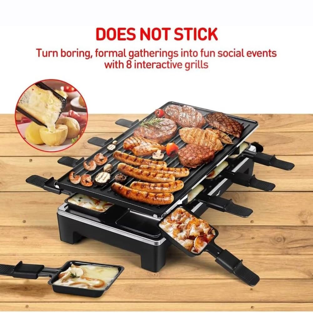 Gril de table à raclette électrique,gril électrique d'intérieur coréen,plaque de gril antiadhésive 2 en 1 amovible,chauffage rapide 1500W avec 8 poêles à fromage,for les fêtes et le plaisir en famille