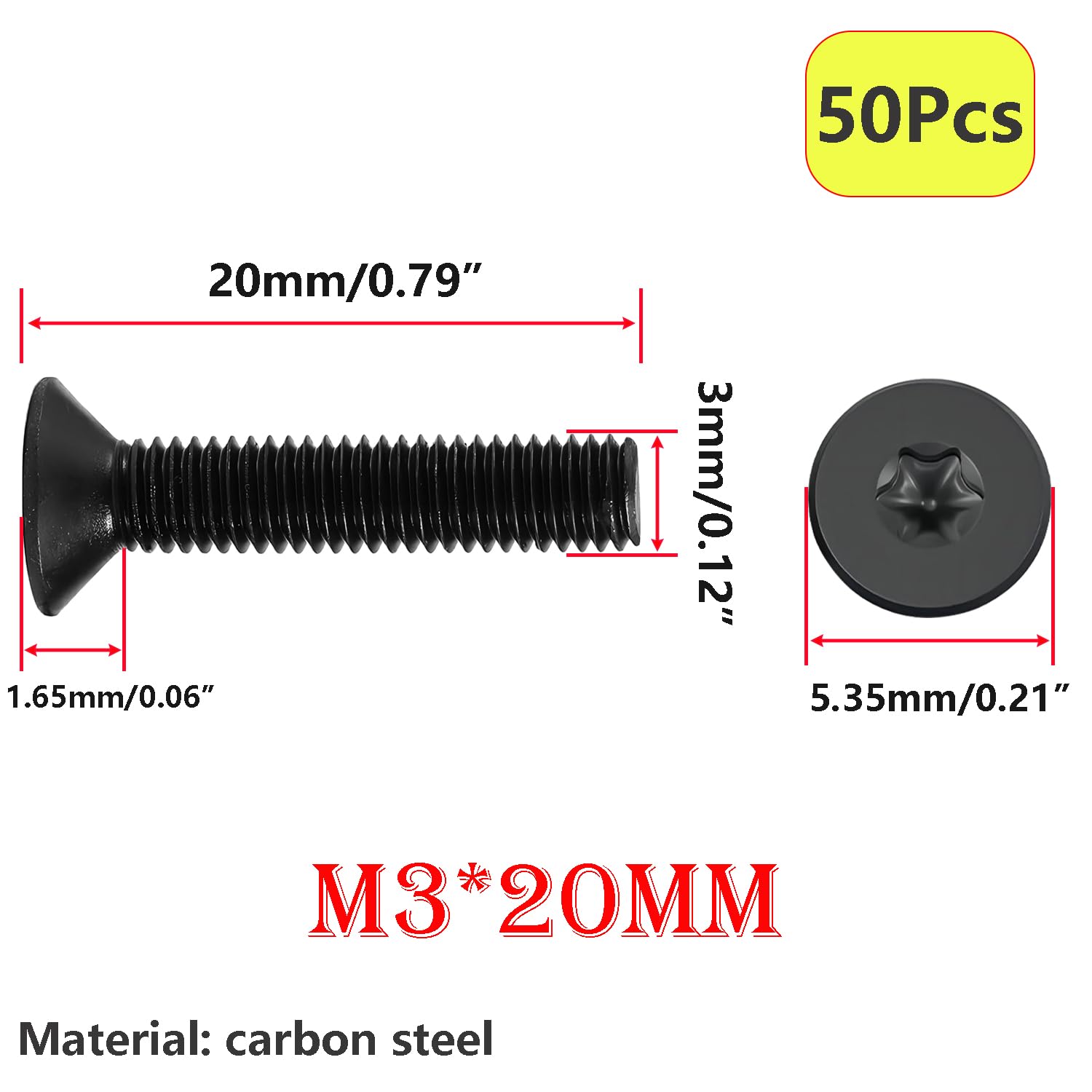 Qrity 50 Pezzi Viti a Macchina, Viti Torx, M3 x 20mm Vite a Testa Svasata, Completamente Filettato, Bullone a Macchina per L'industria Elettronica