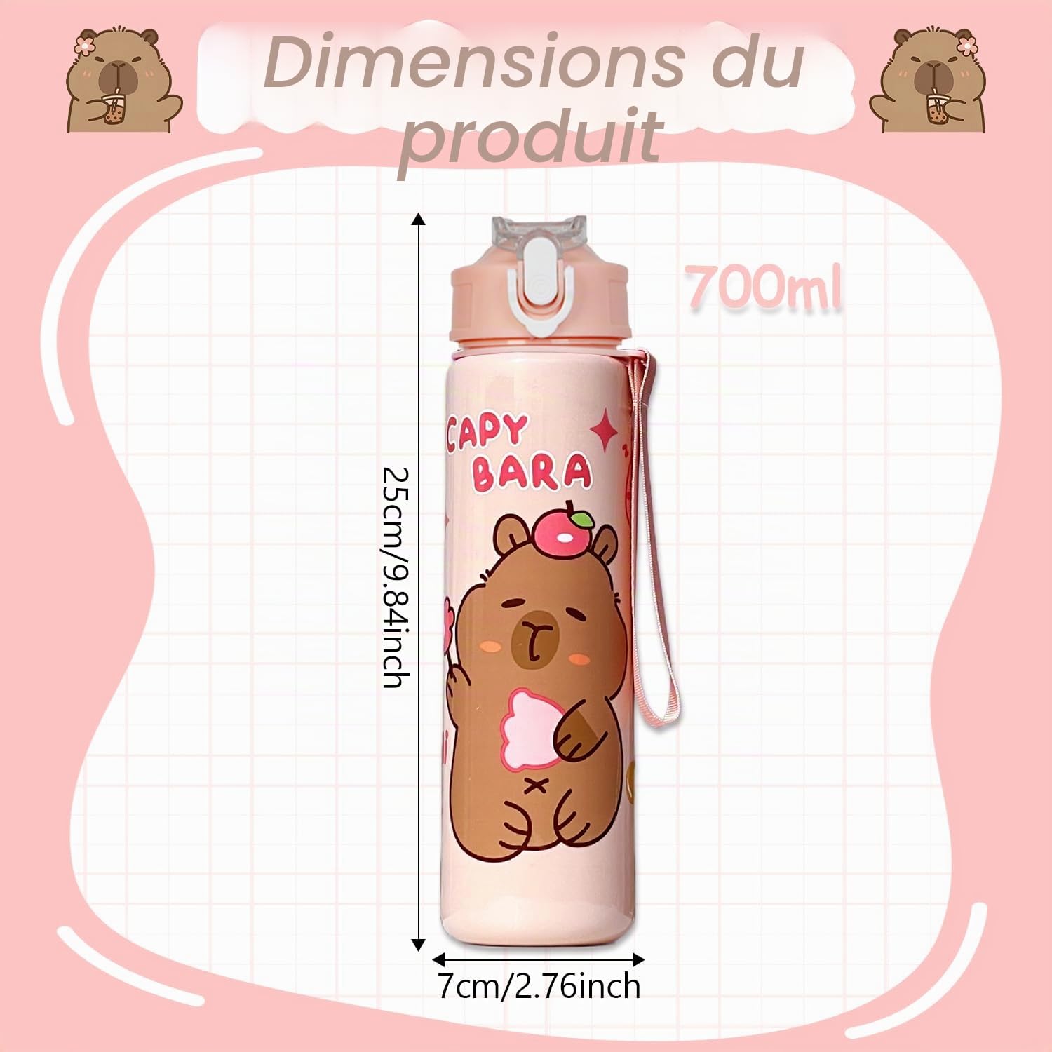 Gourde Capybara 700 Ml – Rose, Avec Paille Et Poignée, Ouverture Rapide, étanche, Pour Enfants, école, Sport