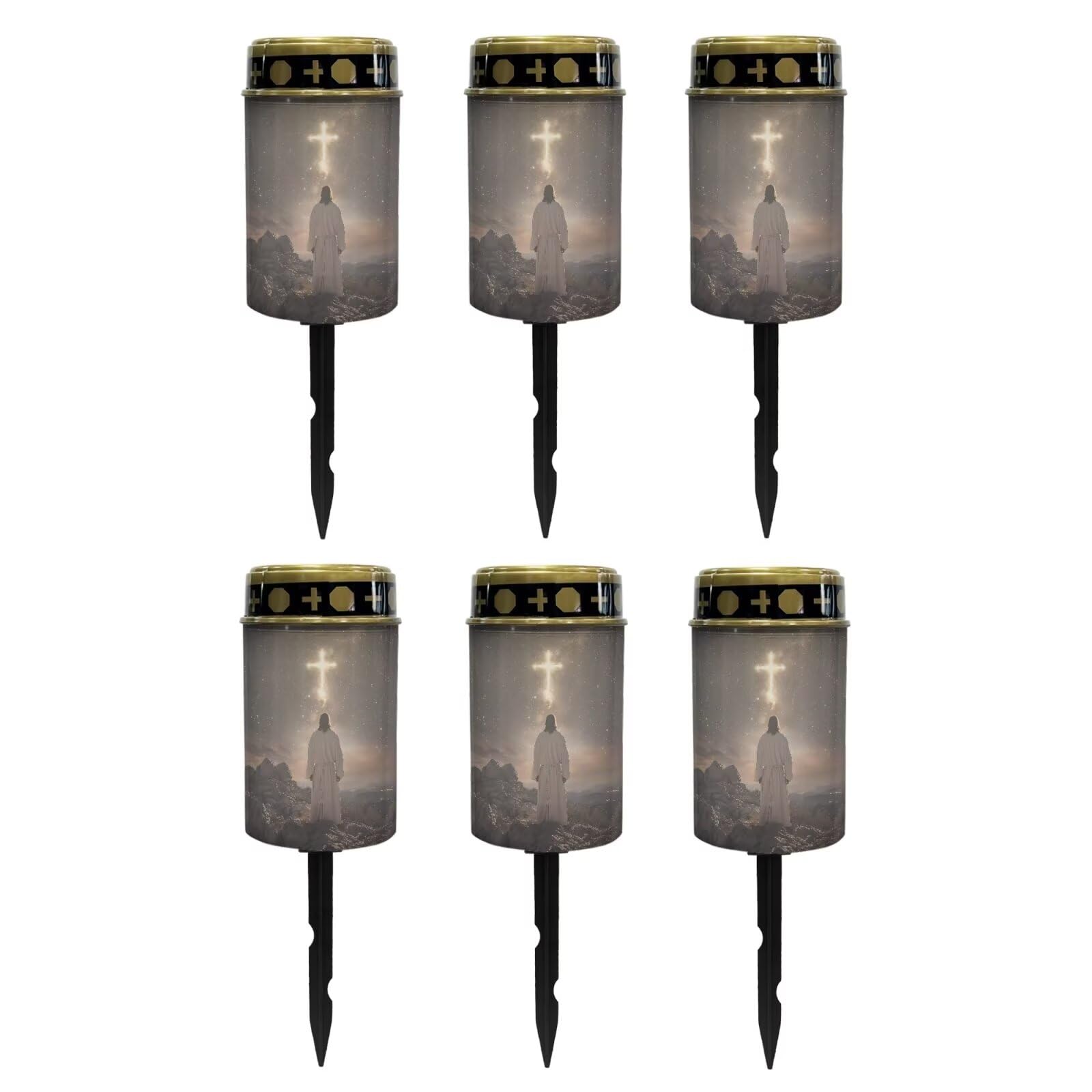 Poceacles 6 PCS Cross Solar Pathway Lights Outdoor Grave Solar Lights Outside Waterproof Cemetery Flameless Candles Outdoor Solar Candle Grave Markers Eternal Decor, God Cross Galaxy Black