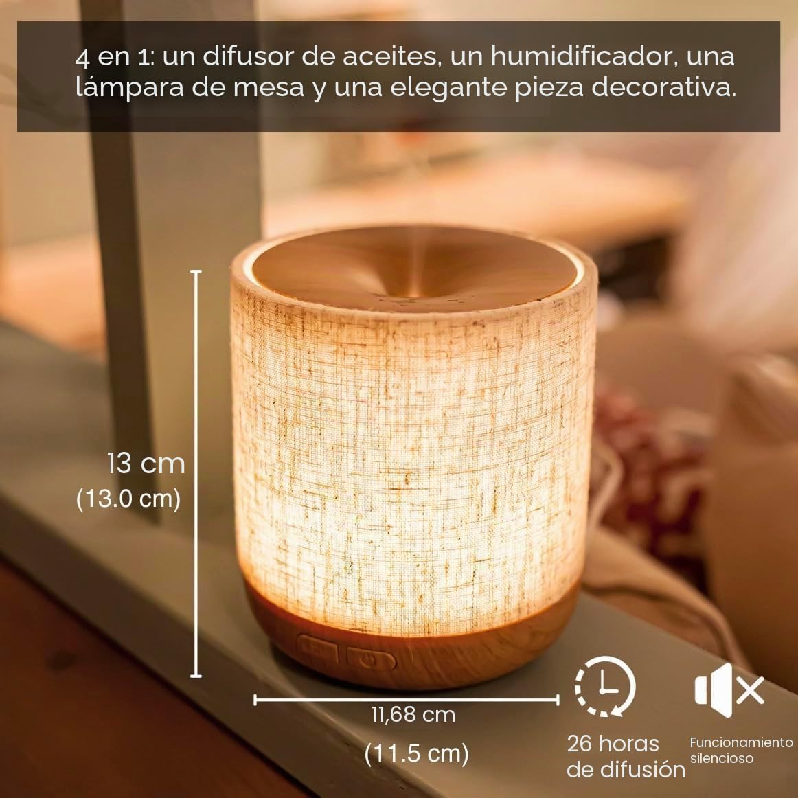 Difusor de aceite esencial ultrasónico 200 ml con cubierta de tela, lámpara de noche y humidificador