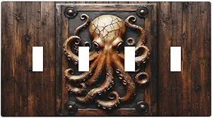 Decorative Light Switch Cover Plate Vintage Octopus 4 Gang Wall Plate Oversized Quad Toggle Switch Cover Plate Jumbo Faceplate for Bedroom Home Decor