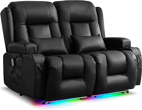 Miniatura 38 de URRED Sofá reclinable de dos plazas con masaje y calor, sofá biplaza reclinable eléctrico con consola, asiento de cine en casa con luces LED,