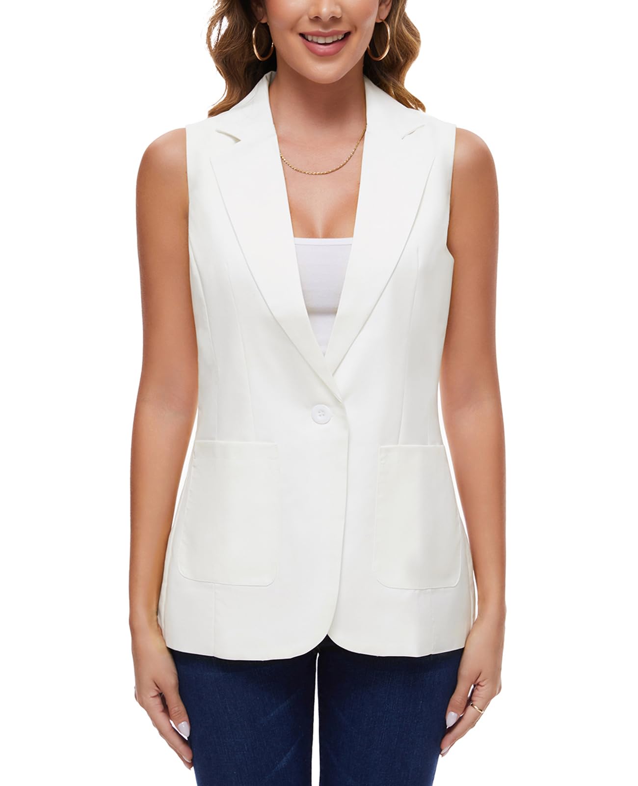 Blazer senza maniche da donna, gilet lungo da ufficio, completamente foderato, con un bottone, con risvolto dentellato