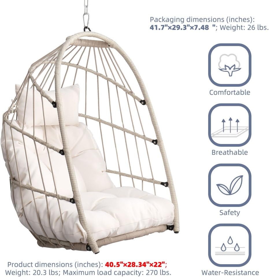 Hanging Egg Chair Without Stand – Foldable Rattan Wicker Swing Chair with Cushion & Headrest, 350lbs Capacity, Ceiling/Tree Mount Kit Included for Indoor Outdoor Use,White