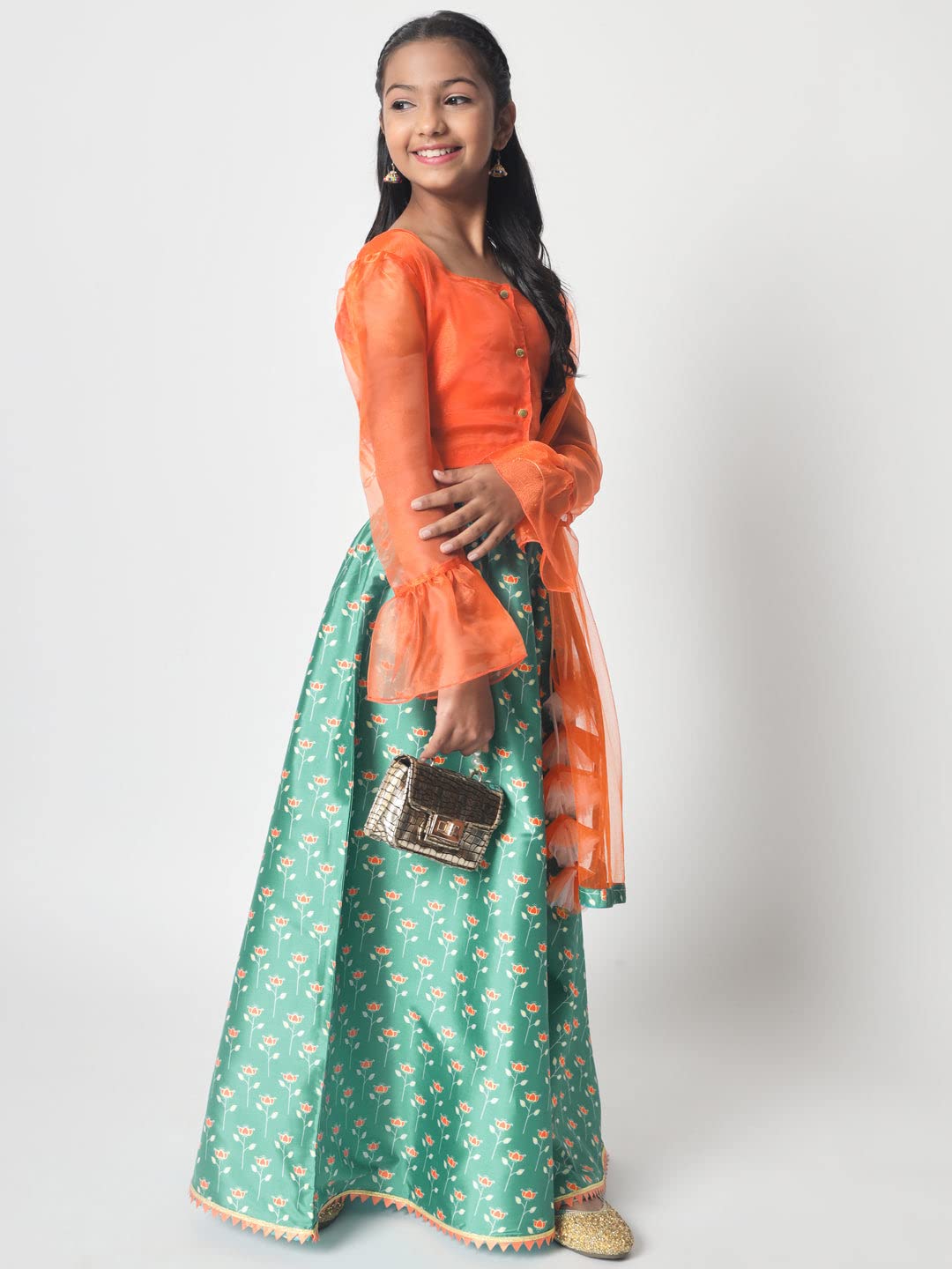 studio rasa Girls Poly Silk Printed Bias Kids Skirt for Wedding Party Festive(GSC12305/15-16_Light Green_15-16yrs) 3