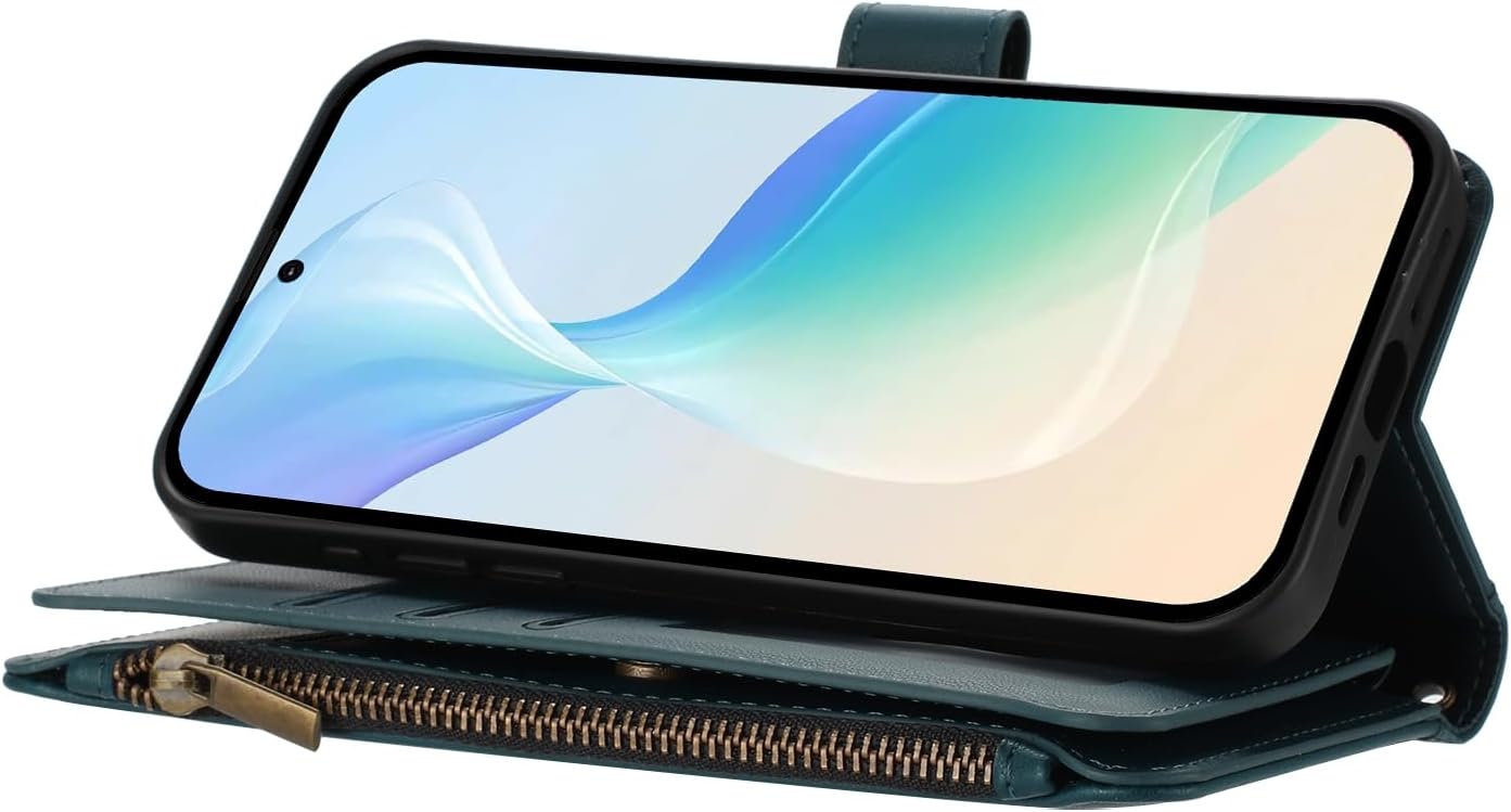 Compatible with Oppo K13 Turbo 5G,Compatible with Oppo K13 Turbo Pro 5G Flip Kickstand Double Card Slots Zipper Wallet Case Green