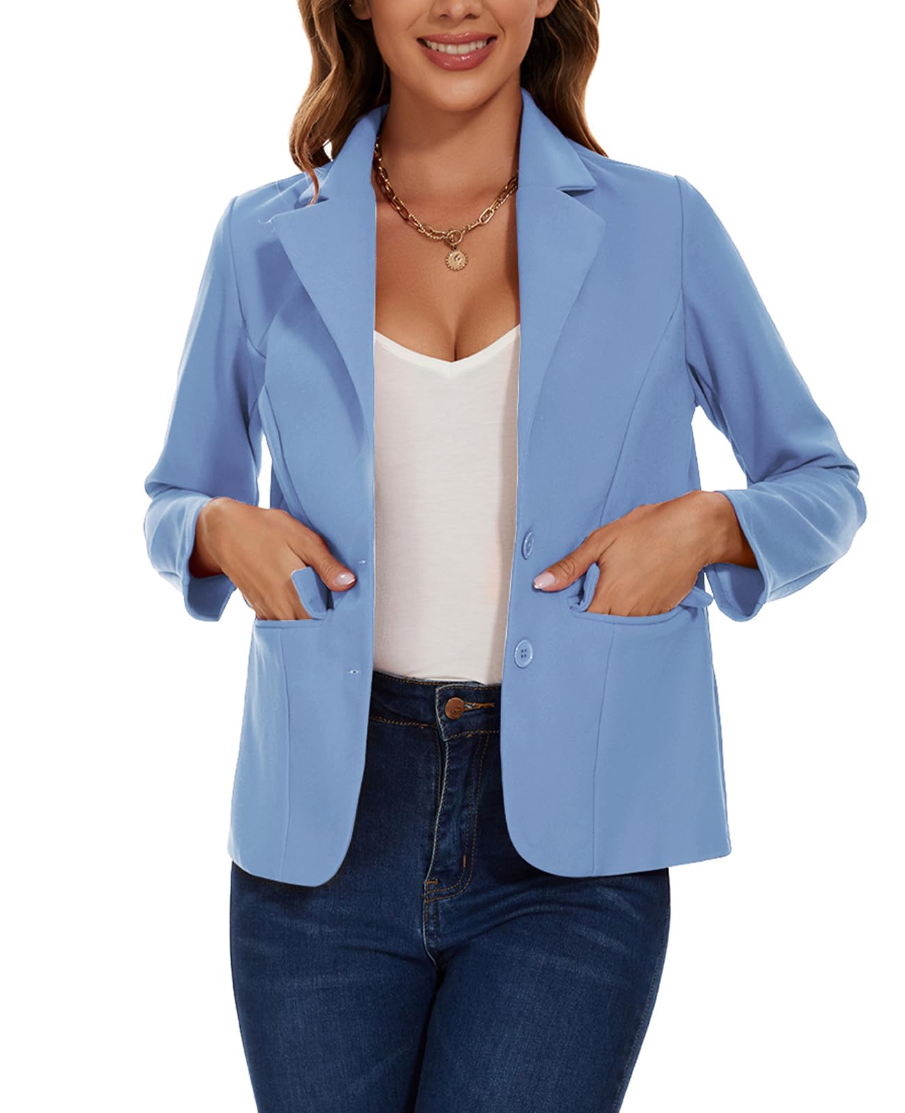 Blazer da donna con 2 bottoni, giacca blazer con risvolto dentellato casual classico a maniche lunghe abbigliamento da lavoro tasche con patta foderato sul davanti