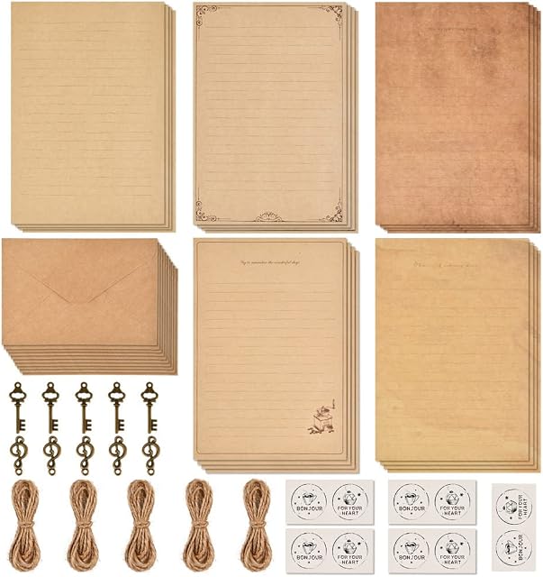 70 Pack Vintage Letter Writing Paper and Envelopes Set Vintage Stationary Paper Includes 20 Sheets A5 Letter Papers 10 Kraft Envelopes, 20 Retro Keys, 10 Hemp Rope and 10 Stickers for Letter Gift