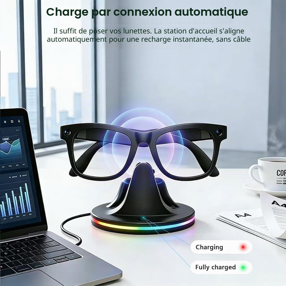 Support de Charge & Câble Compatible avec Les Lunettes Meta Ray-Ban, Portable pour Wayfarer Compatible avec Les modèles Wayfarer Skyler avec indicateur LED et câble de Charge USB-C (Nero-RGB)