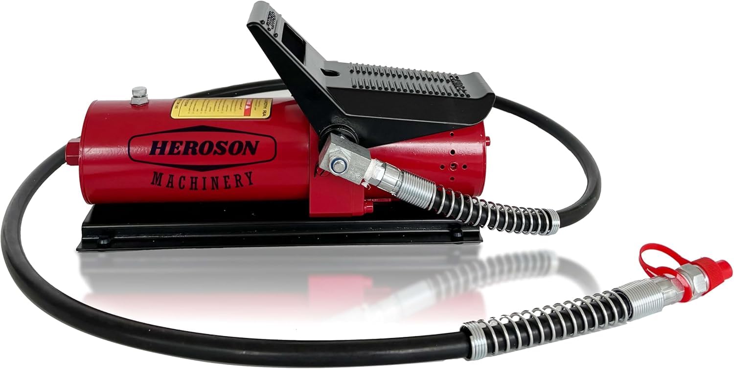 HEROSON 10,000 PSI Air Over Hydraulic Pump - 0.7L Reservoir, Foot Operated, With Lubricator & Hose