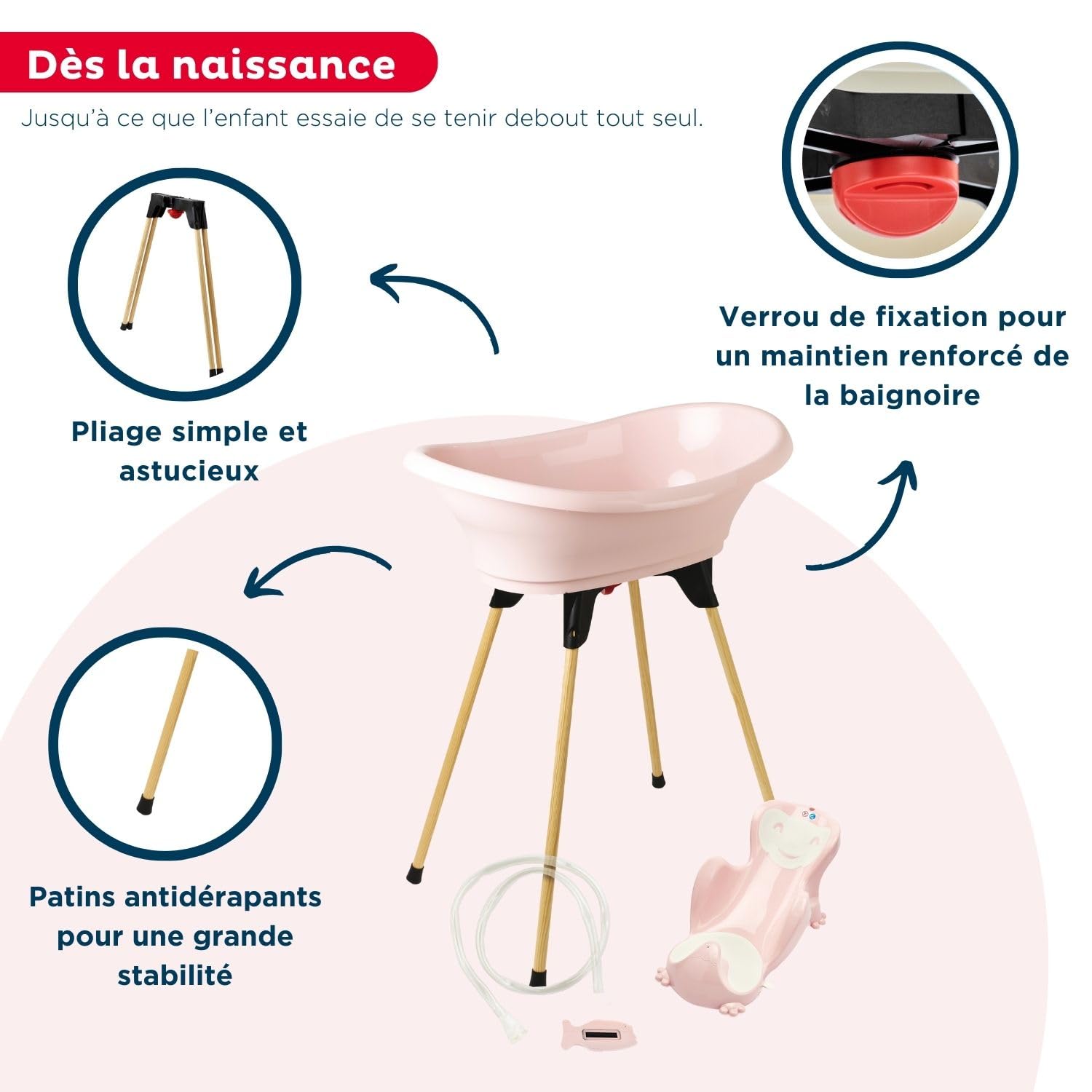 THERMOBABY - Pack baignoire bébé VASCO 5 en 1 - Baignoire, pied en bois, tuyau de vidange, transat de bain, thermomètre - Rose Poudré - Pliable & stable - Fabriqué en France