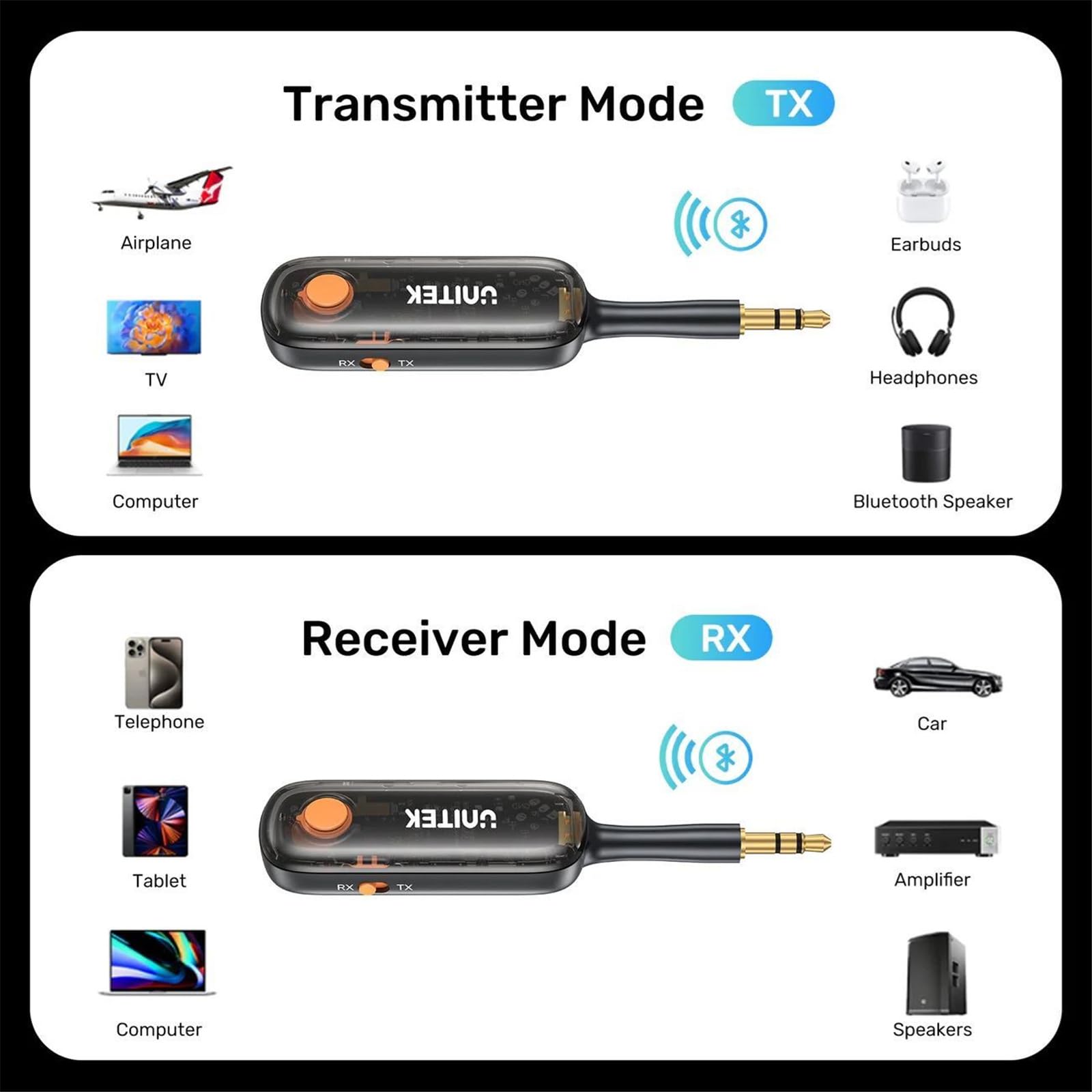 UNITEK Emetteur/Récepteur Audio Bluetooth sur Batterie (10h) ou sur Secteur - Jack 3.5mm