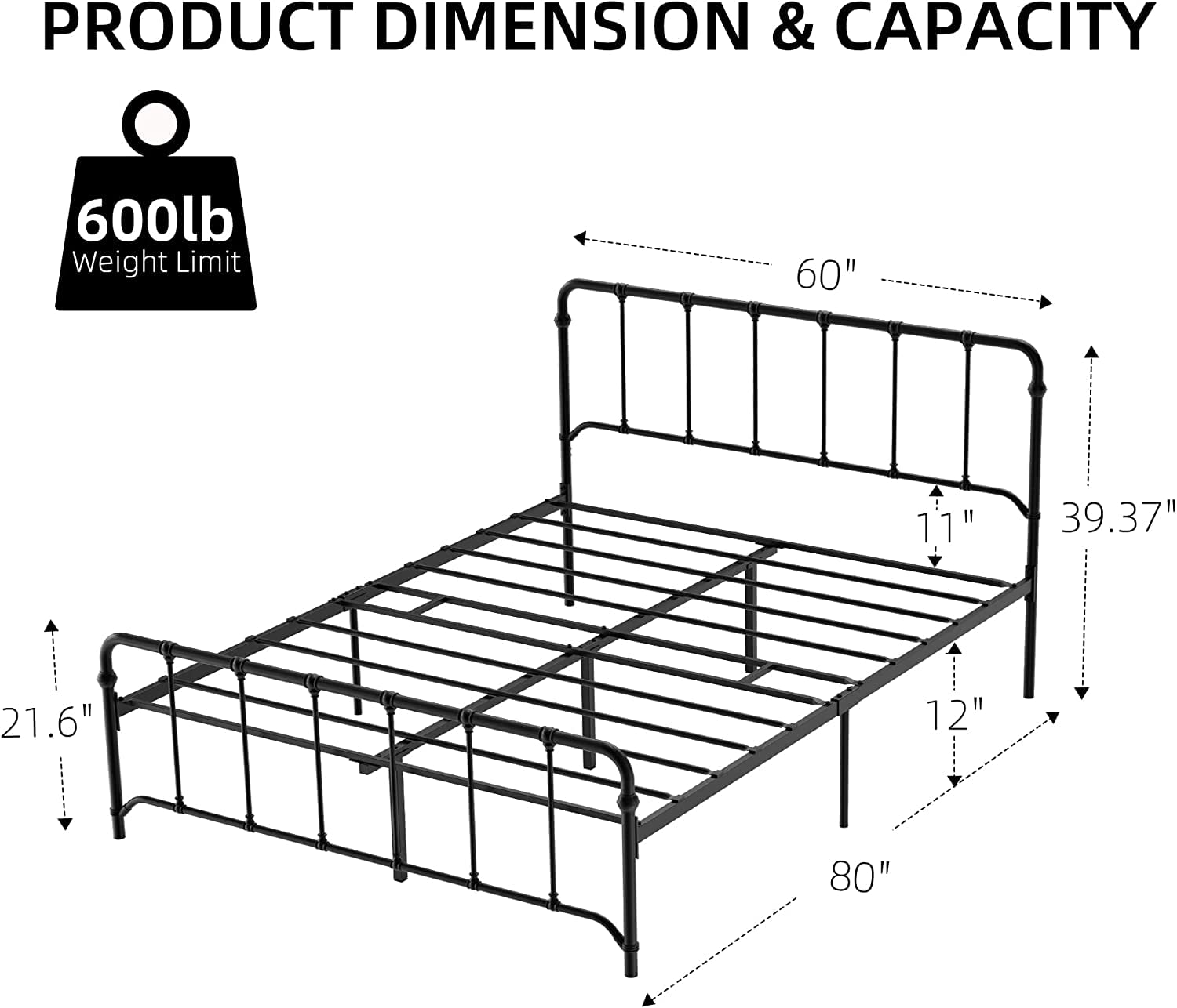 Queen Bed Frame Metal Platform Bed with Headboard and Footboard, Metal Bed Frame Heavy Duty Steel Slat Mattress Foundation with Storage/No Box Spring Needed/Tool-Free Easy Assembly, Black
