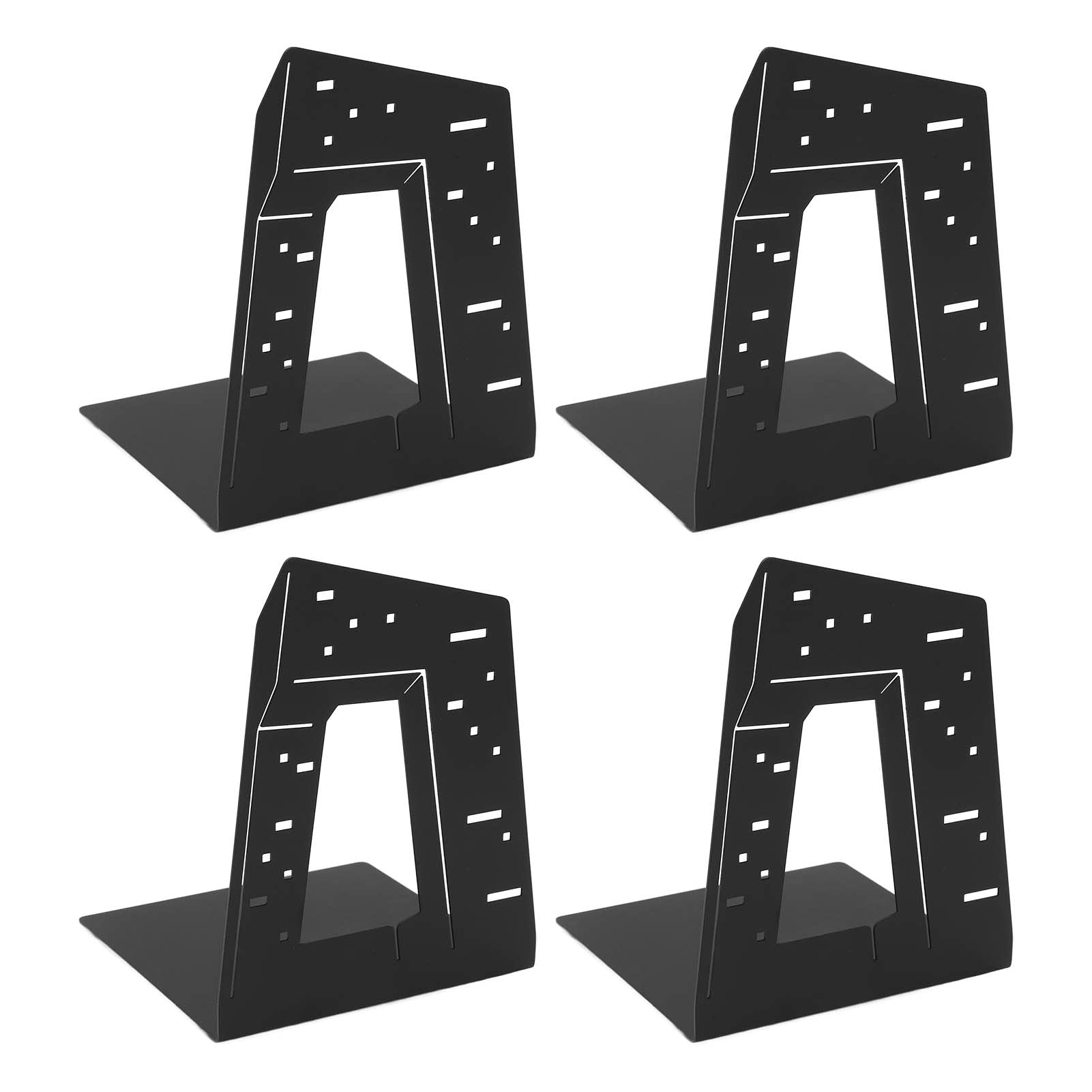 4pcs Bookends Architectural Style Metal Structure Classic Black Rounded Edges Foam Pads Slim Design Office Book Support Architecture
