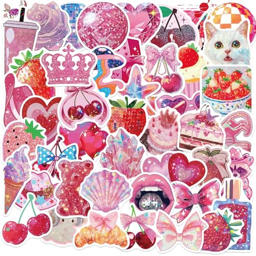 50PCS Shiny Pink Stickers Pink Holographic Stickers for Girls Adults Teens Coquette Aesthetic Sticker for Water Bottles Laptop Scrapbook