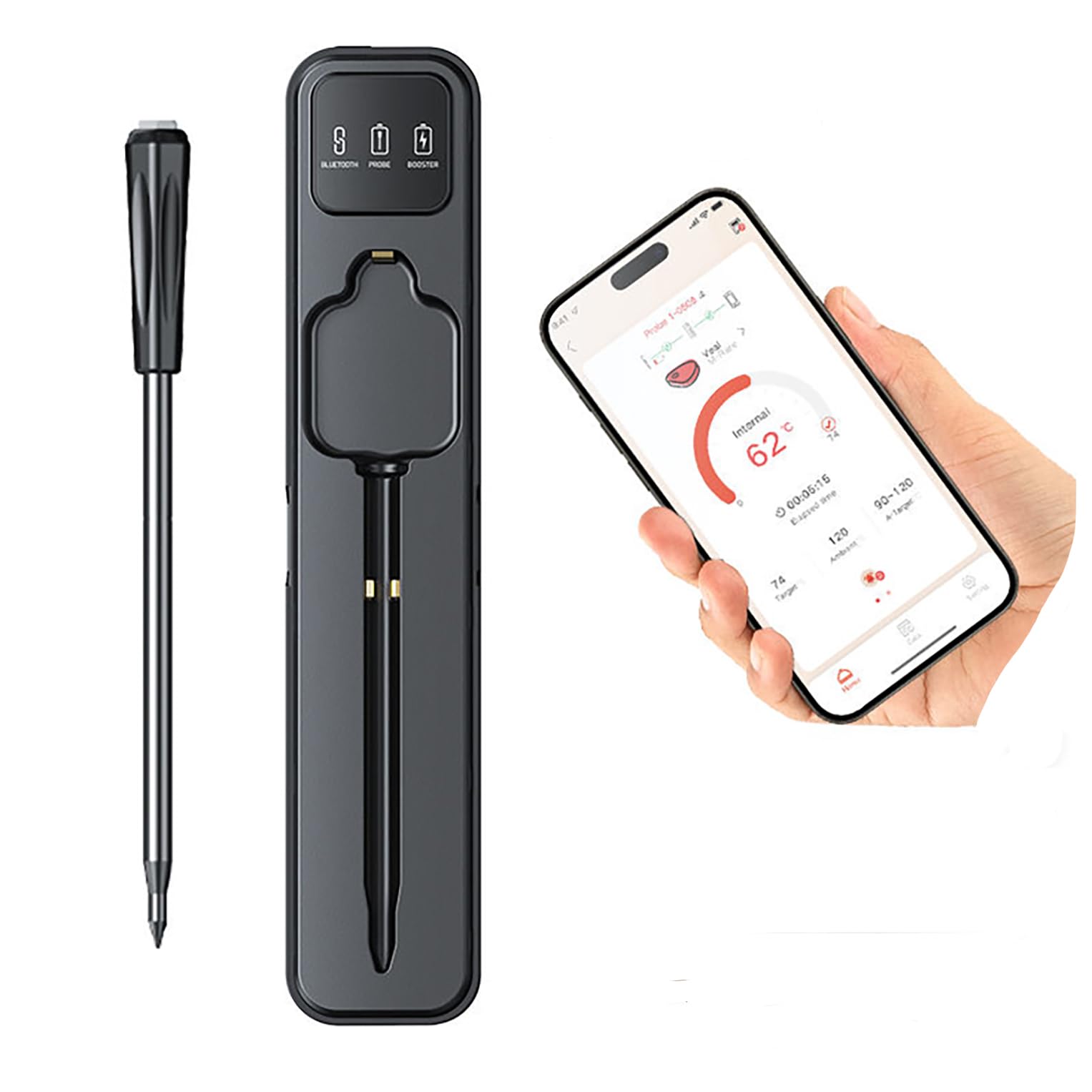 Küchenthermometer, kabellos, Bluetooth – Kochthermometer mit App Überwachung mit Timer und Alarm – IP67 wasserdicht und ölbeständig – Thermometer für BBQ, Grill, Smoker, Ofen