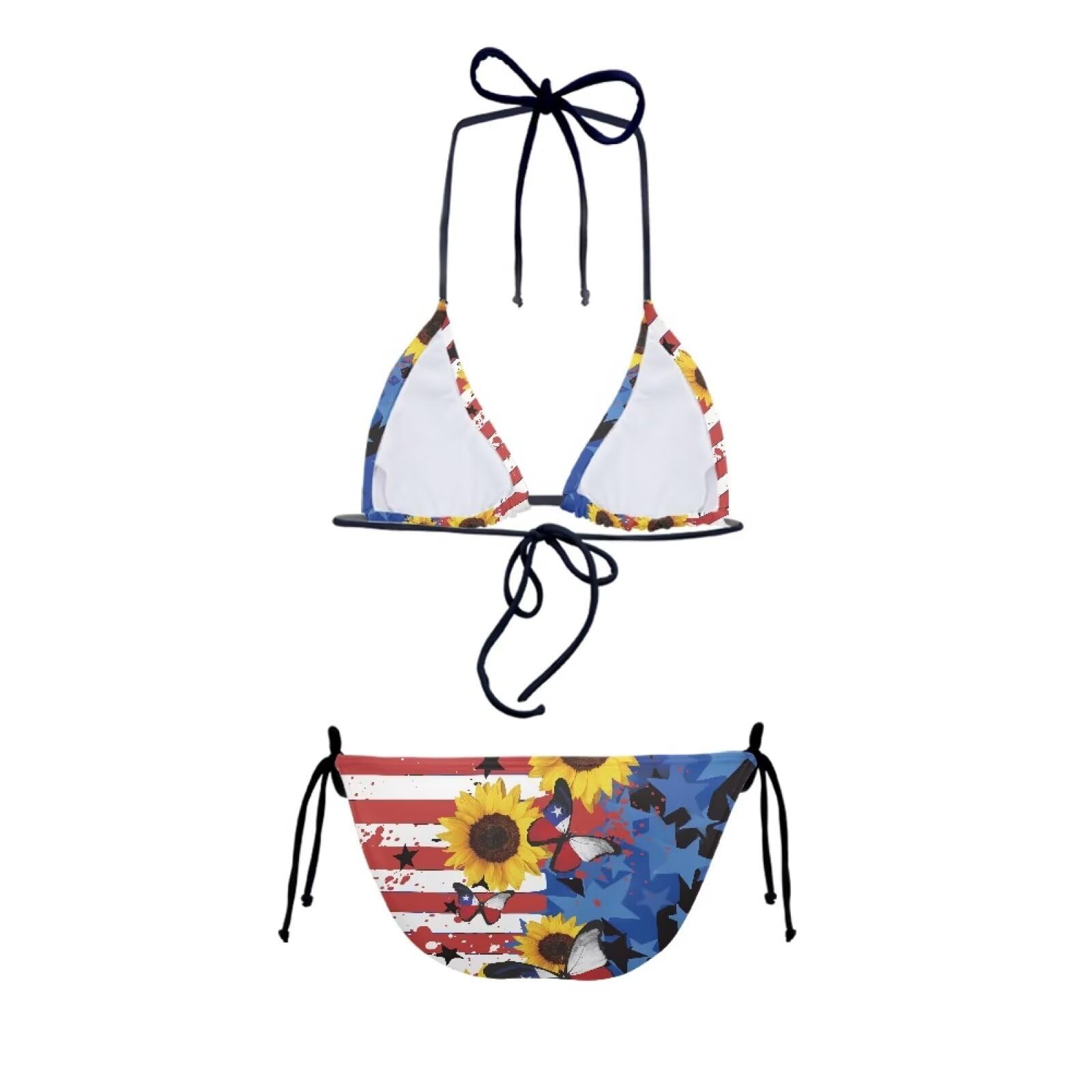 Viewamoon 2 Piece Swimsuit for Women Sexy Bikini 2 Piece Push Up Bikini Sets for Girls Ladies Bathing Swimwear Tie Back Bottoms Push Up V-Neck Top for Swim,XL(American Flag & Sunflower)