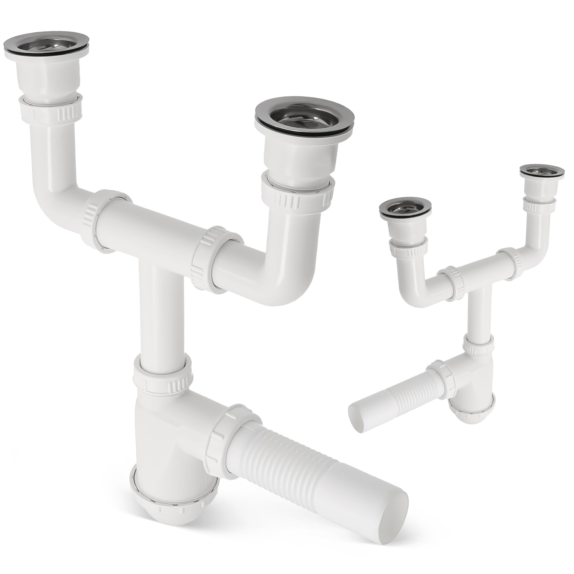 Sifón doble de 50 mm para lavabo doble con colador de desagüe, colador de metal y tapón para fregadero, sifón para fregadero, accesorios para baño, fregadero de cocina, tubo de desagüe
