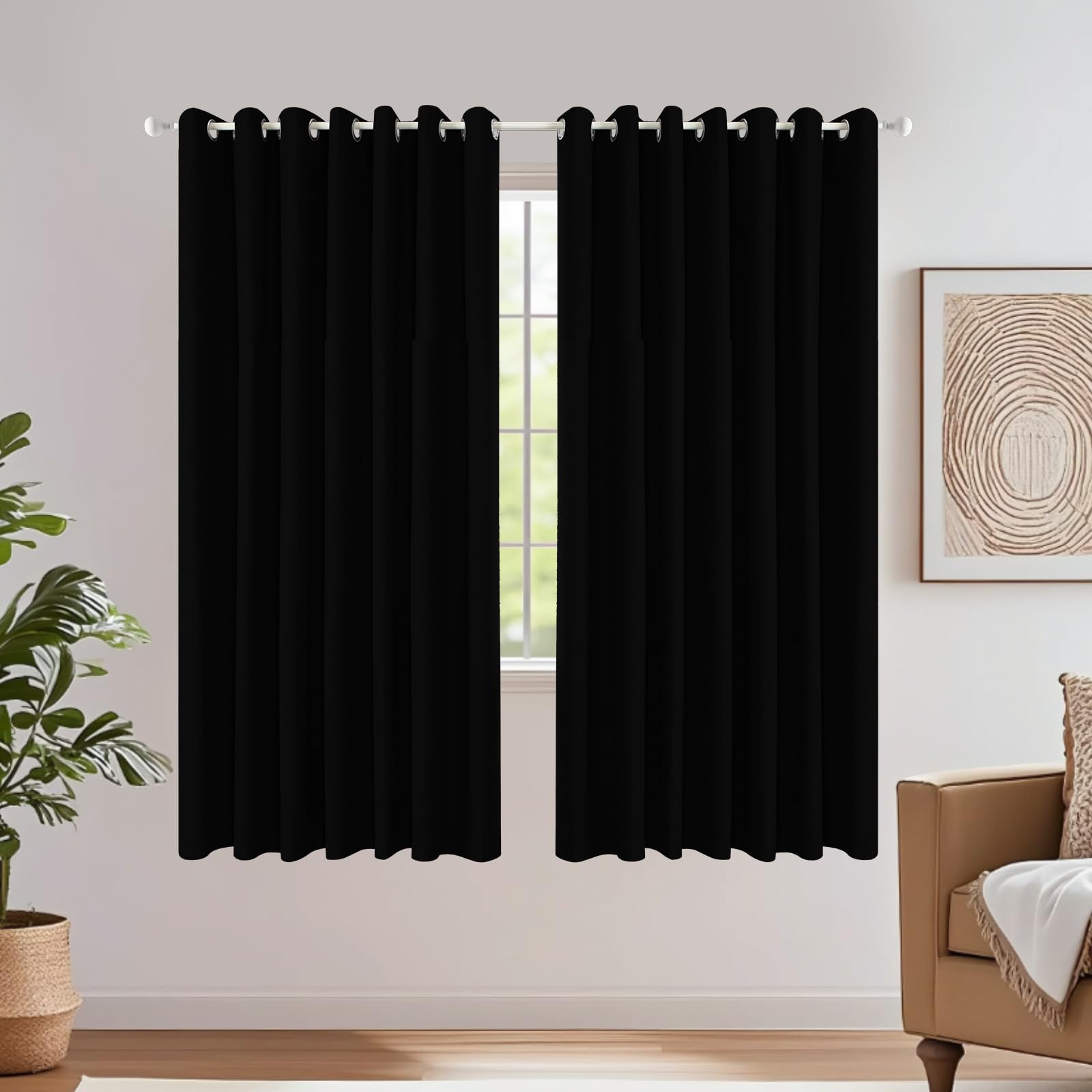 Dreaming Casa 100% Blackout Curtains Premium Thermal Insulated Linen Window Treatment Curtain with Grommet, 2 Panles, Black, 52" W x 63" L