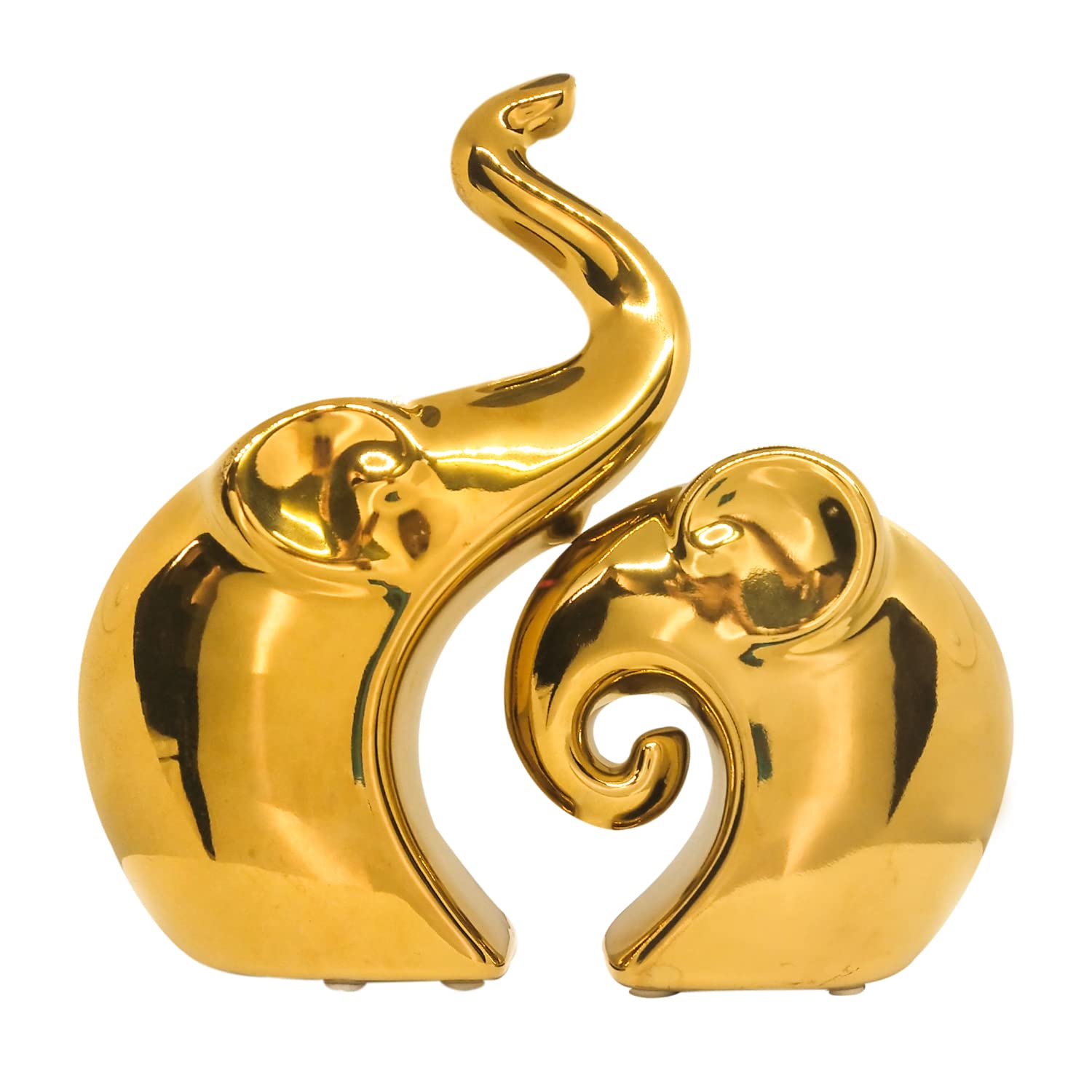 LADROX Lavish Home Décor Golden Elephant Couple | Piano Finish Ceramic Figures - (Set of 2 Piece, Gold)
