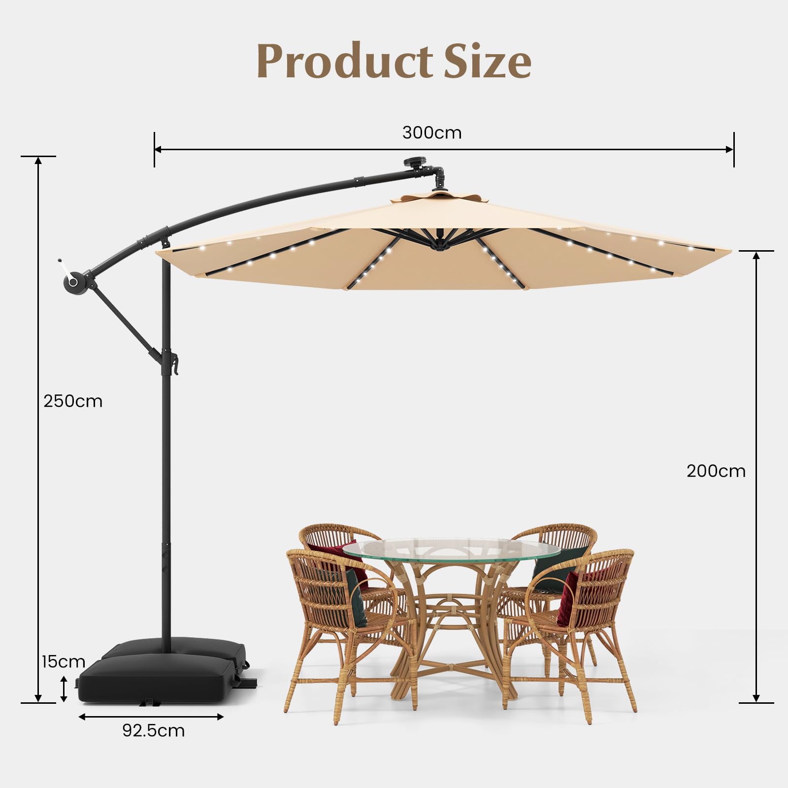 RELAX4LIFE Parasol Déporté 3x3M LED à Énergie Solaire, Parasol de Jardin Extérieur Inclinable avec Pied Incus, Imperméable à 8 Baleines, Protection UV pour Terrasse Patio Plage (Beige)