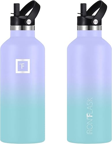 Miniatura 3 de IRON FLASK Cantinas de hidratación para acampar y senderismo, 3 tapas (tapa estrecha con pajillaboquilla) a prueba de fugas, acero inoxidable