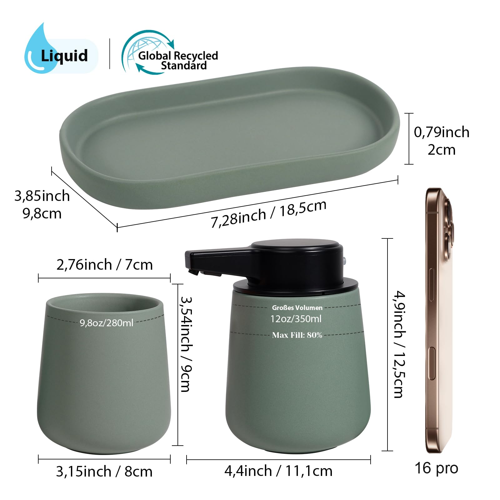 Juego de baño de 3 piezas, dispensador automático de jabón de 350 ml, recargable, vaso para cepillos de dientes de 280 ml y bandeja, moderno juego de baño minimalista verde, accesorios de
