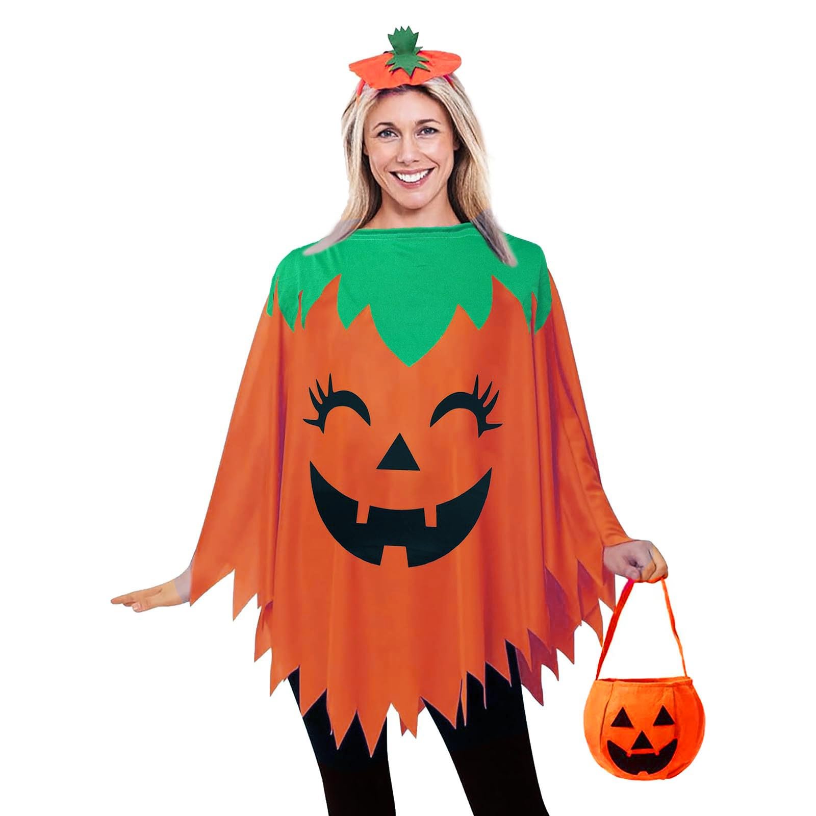 3PCS Pumpkin Costume Accessories, Glow in The Dark Halloween Pumpkin Poncho Costume with Candy Bag Headband for Adults Woman Men Cosplay Dress Up