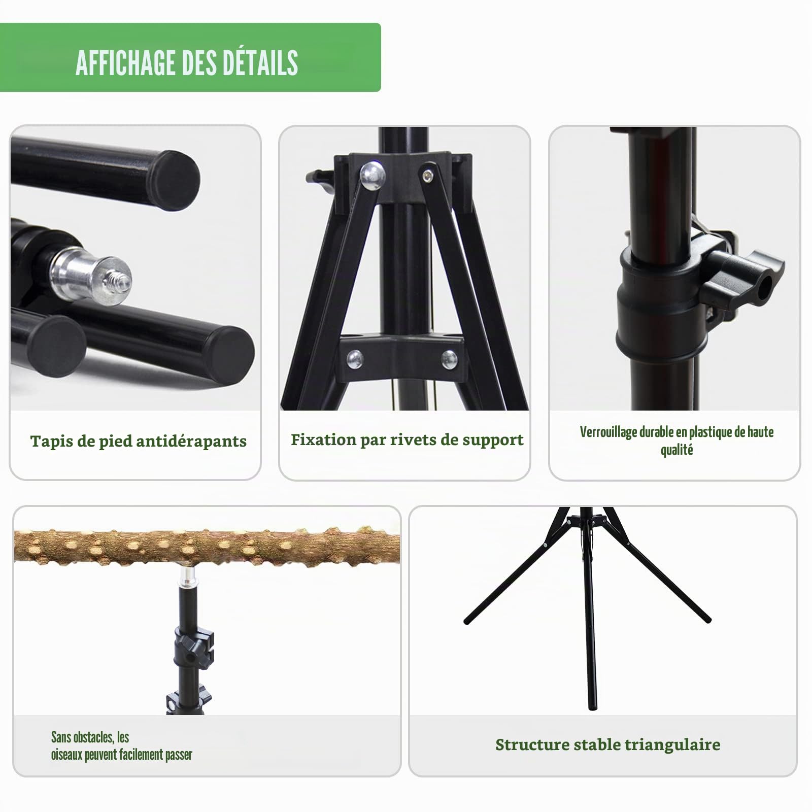Perchoir en bois de poivre naturel, hauteur réglable idéal pour oiseaux de petite et moyenne taille usage intérieur et extérieur