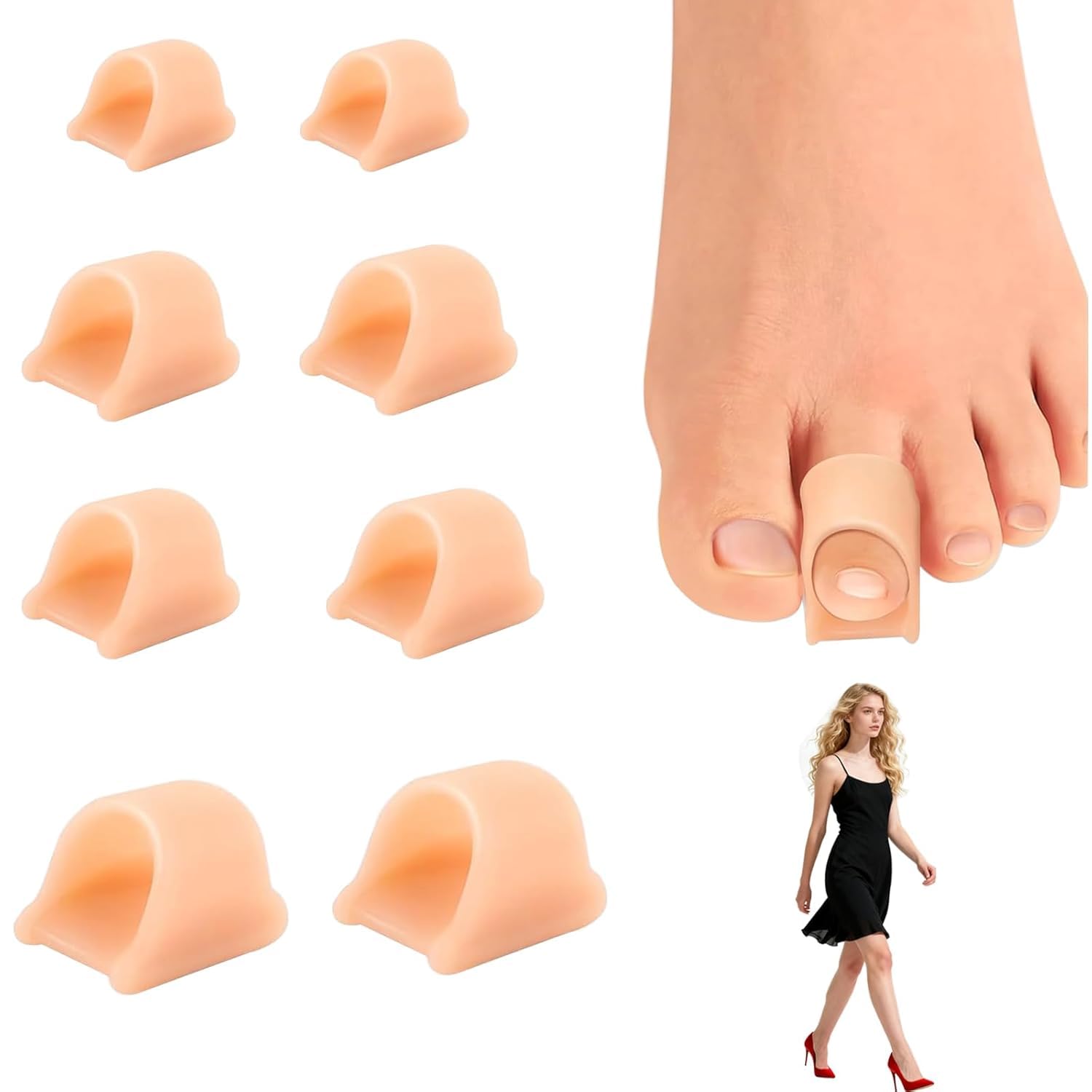 Hammertoe Corrector & Gel Toe Splints 8PCS - Soft Toe Straighteners for Bent, Curled, Crooked & Claw Toes - Pain Relief Cushions & Alignment Support for Men and Women - Skin Includes 3 Sizes 8PCS-Skin