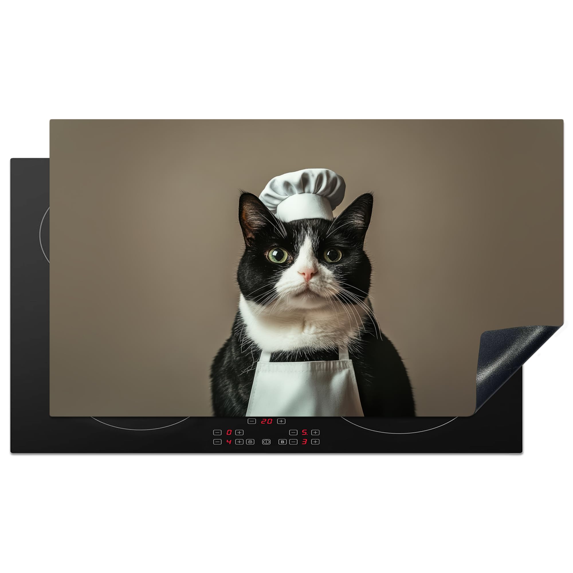 KitchenYeah© Induction Hob Cover Protector Mat 20.5"x35.9" / 91.2x52 cm Kitchen Universal Ceramic Covers for Electric Cookers Vinyl Cat - Chefs Hat - Black - White