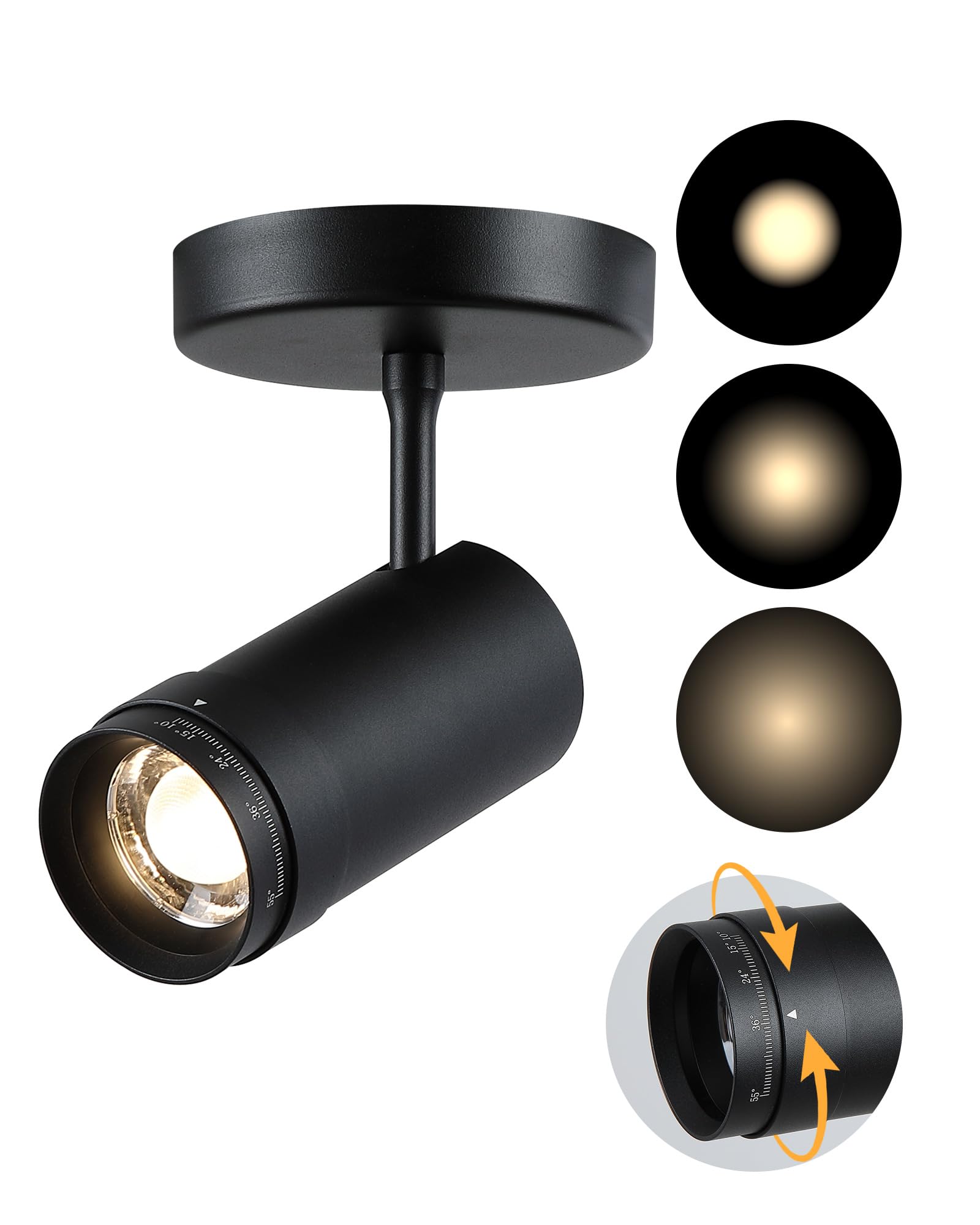 Opulux 9W Zoomable Ceiling Spotlight, LED Dimmable Directional Wall Surface Fixture, Adjustable Beam Angle 10°–55°, Wired Home Indoor Accent Lighting for Corridor, Picture, Modern Interiors, Black