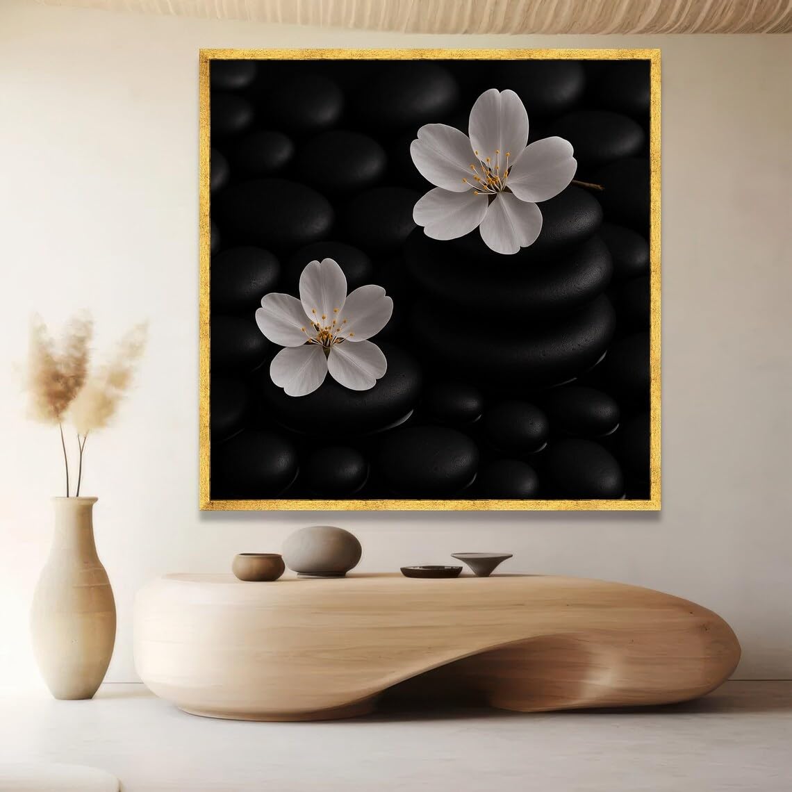 XINBAO Białe kamienie Zen na czarnym tle, kwiatowy obraz ścienny, minimalistyczna dekoracja kwiatowa i kamień, nowoczesna dekoracja domu (65 x 65 cm/rama wewnętrzna)