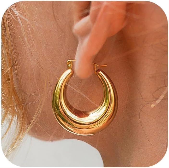 Chunky Gold Hoop Earrings for Women Non Tarnish, 14k Gold Plated Thick Triple Hoop Earrings Hypoallergenic Trendy Hoops Dainty Jewelry Gifts for Women