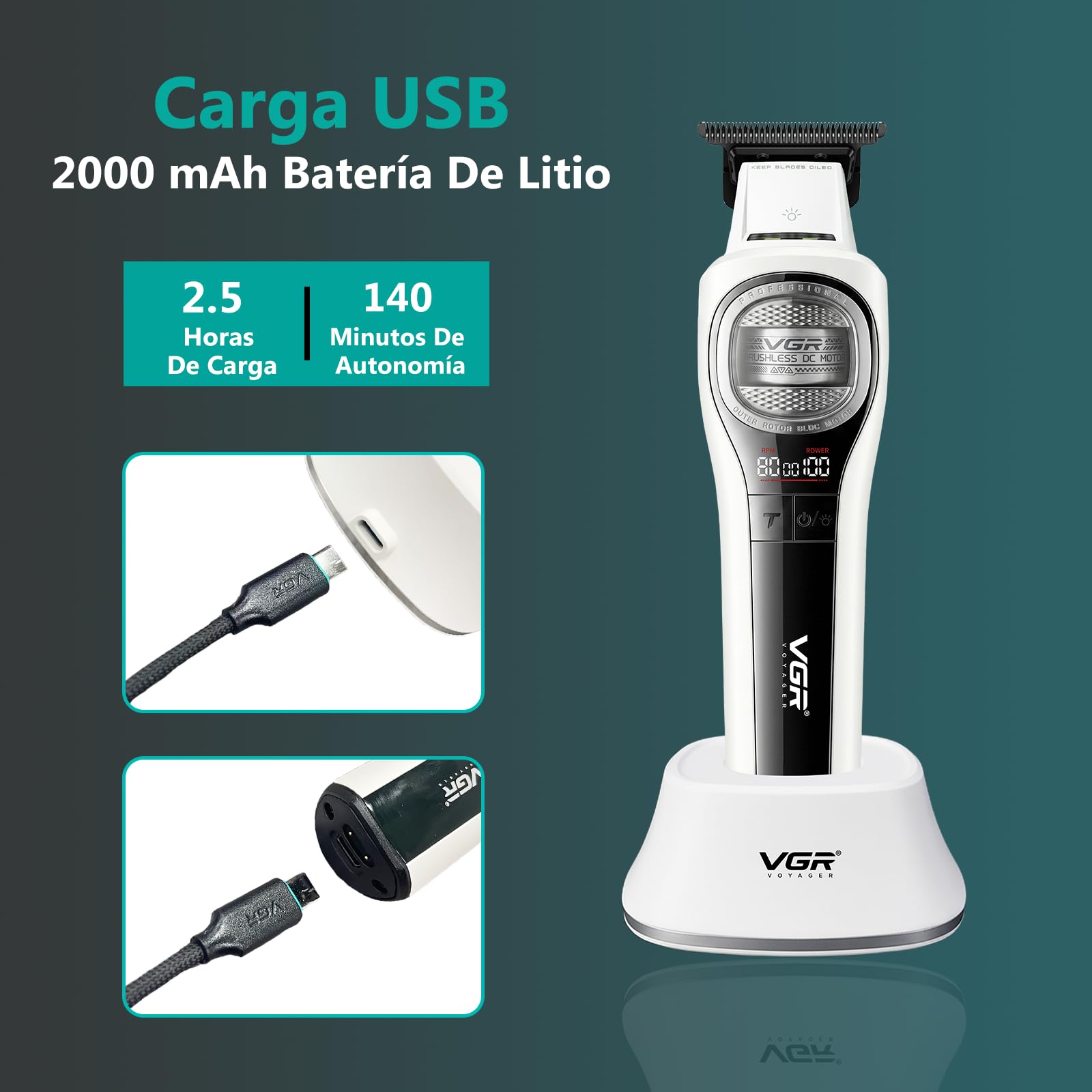VGR 888C Cortapelos Profesional Inalámbrico, Función Turbo, Blanco | Motor BLDC De Rotor Externo, Luz Integrada, Base De Carga Y Pantalla LED