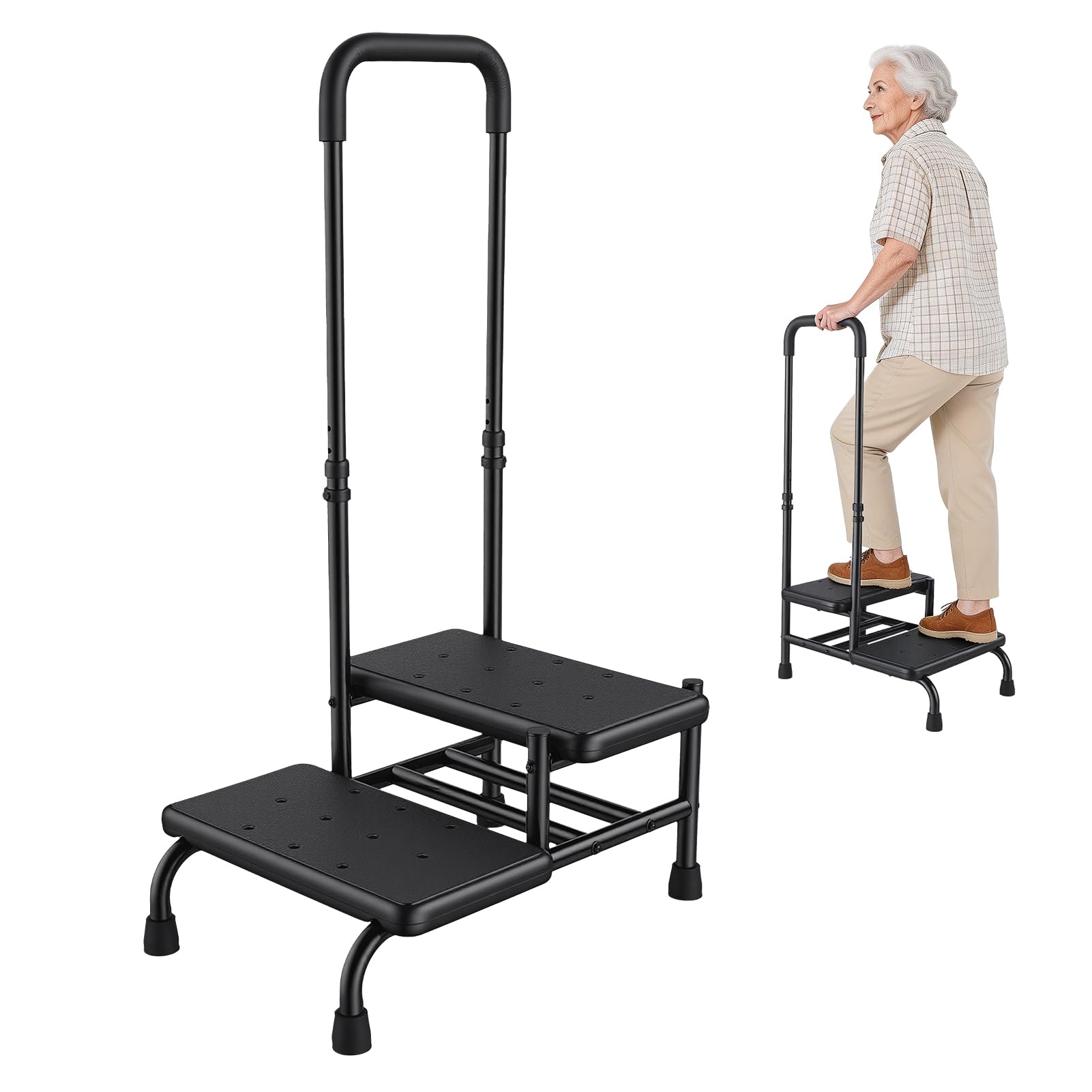 Elderly 2-Step Stool with Handle, Supports Up to 330Lbs Foot Stool with Adjustable Handrail, Seniors Adults Handicap Two Stepping Stools for High Beds, Kitchen, Bathroom Black
