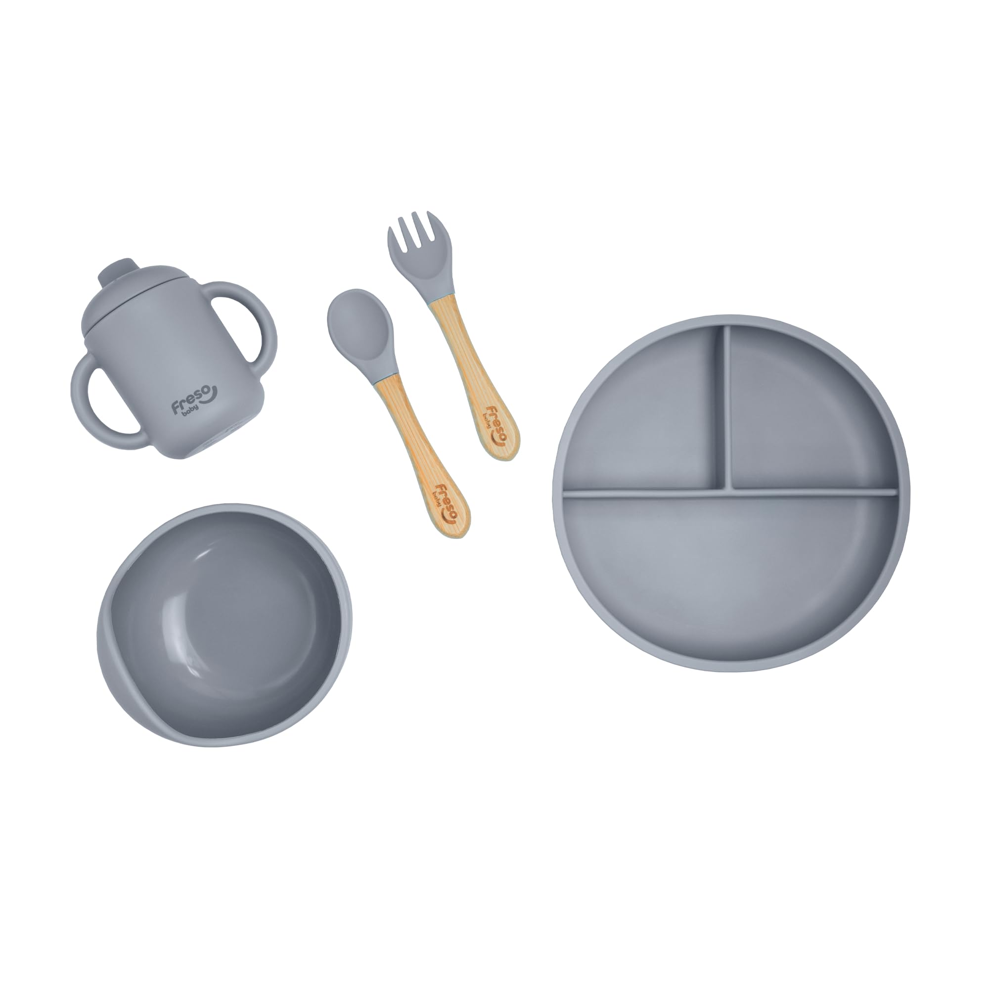 Freso Baby Kit Alimentação De Bebê Silicone Atóxico Livre Bpa Introdução Alimentar Blw Tigela Prato Ventosa Talher Infantil Fácil De Limpar Cor Cinza - Cinza