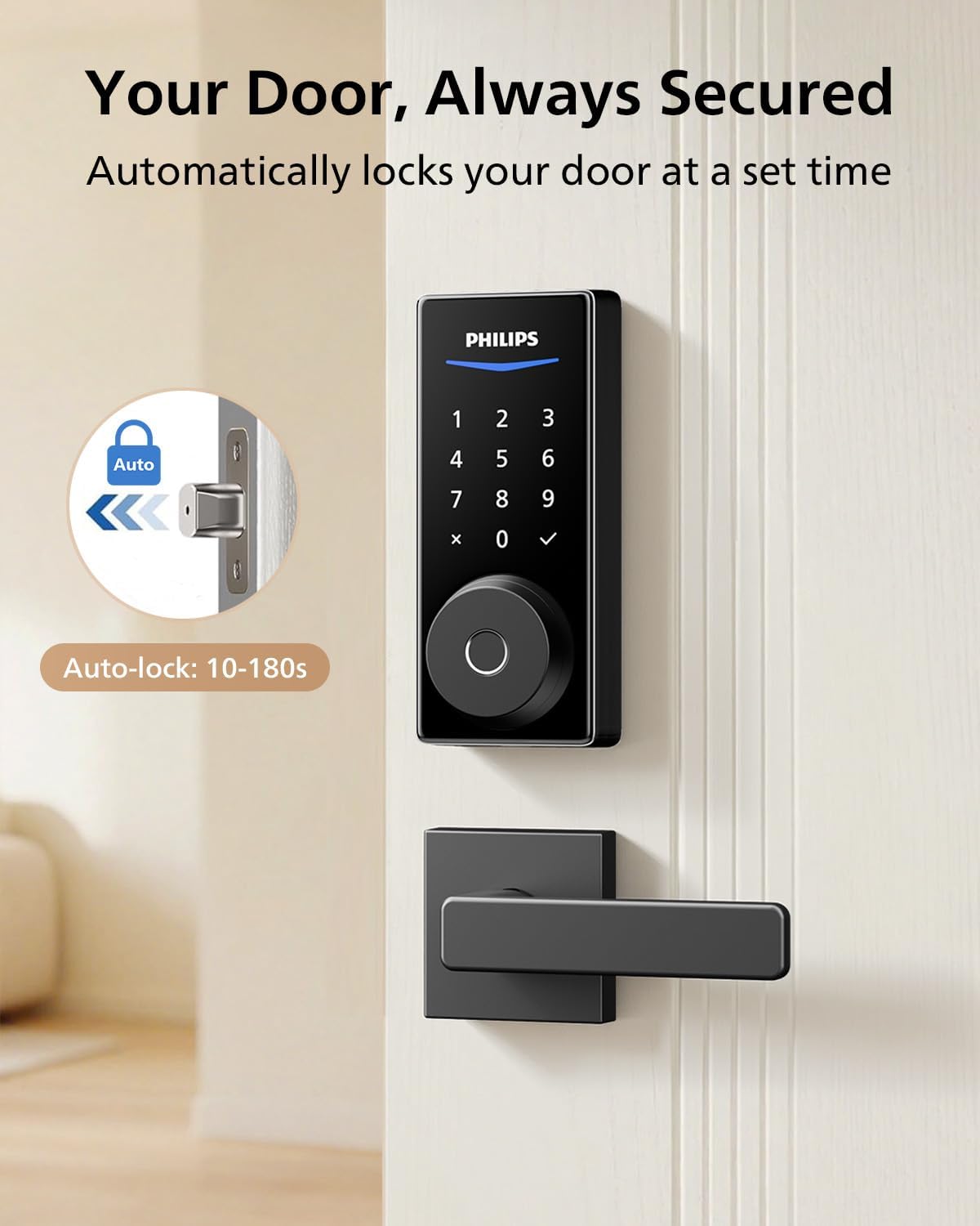Philips Smart Door Lock with Apple Home, Matter Over Thread, Keyless Entry Door Lock with App Remote Control, Touchscreen Fingerprint Front Door Lock Set, Deadbolt Lock with Apple Home, Alexa, Google