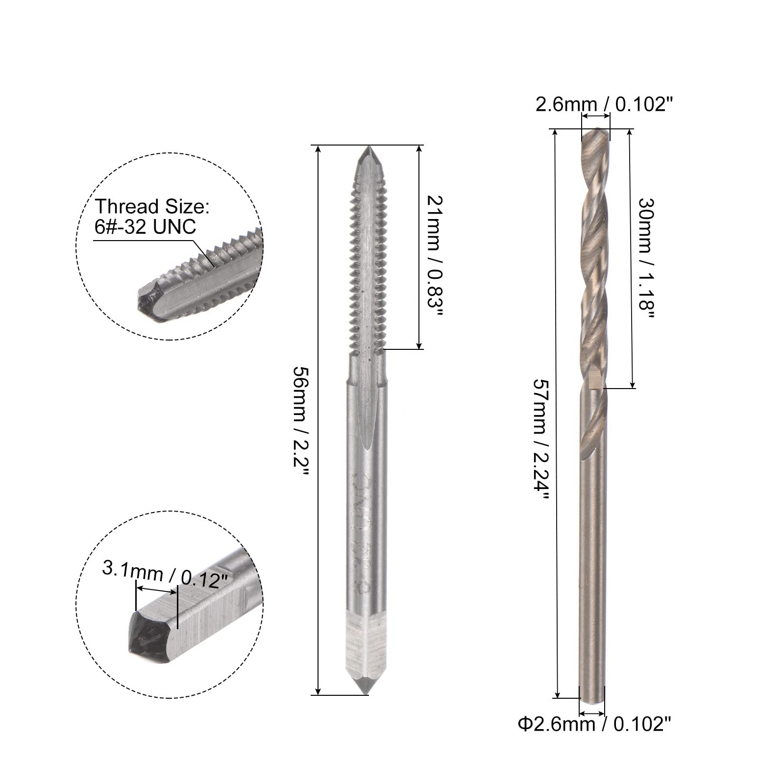 Set di Maschi e Punte, Maschio per Filettatura a Macchina con scanalatura Dritta 6#-32 UNC 2B, Punta elicoidale in Acciaio rapido al Cobalto (HSS-CO) da 2,6 mm M35