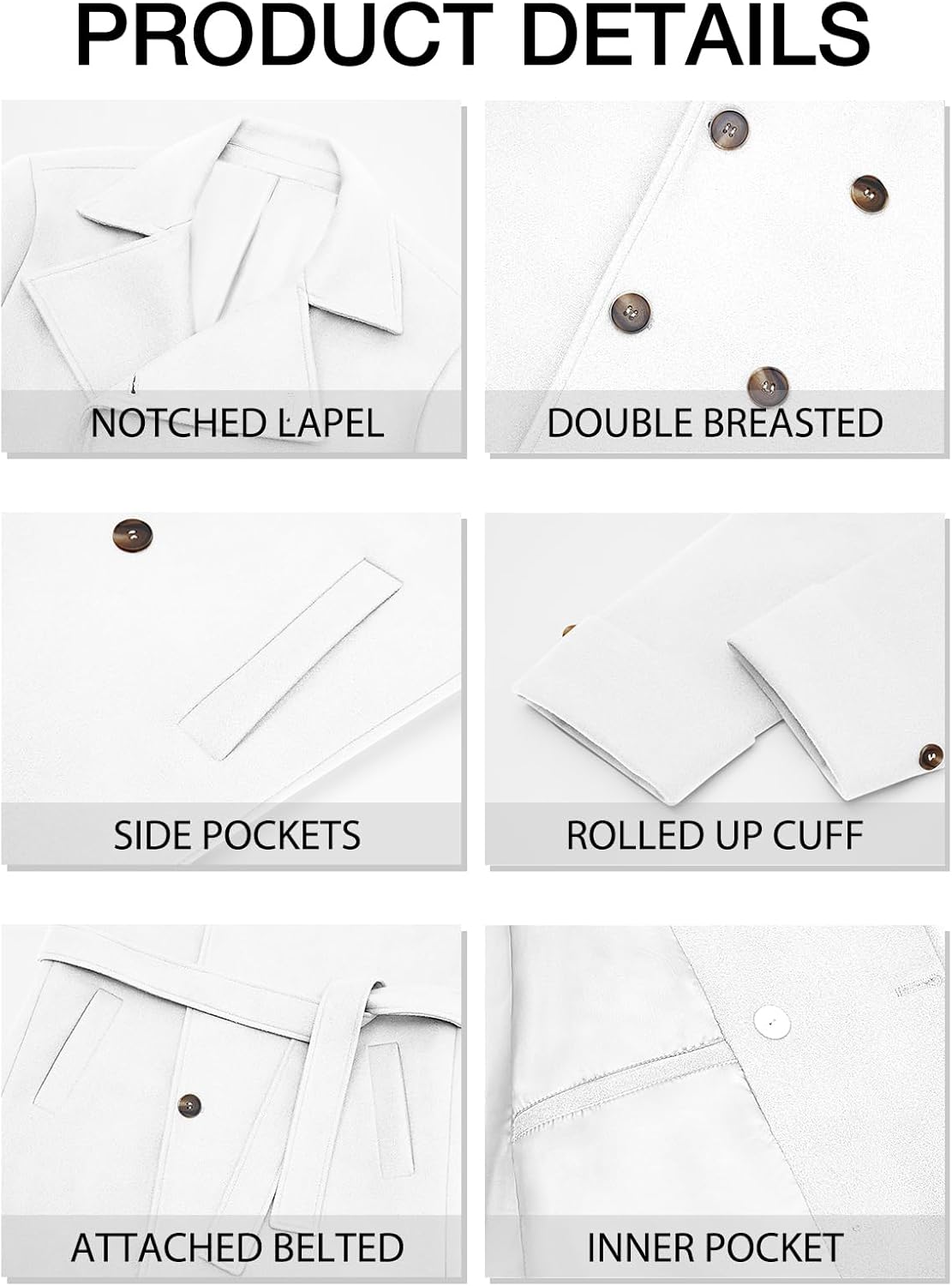 Runcati Mens Trench Coat Notch Lapel Double Breasted Belted Pea Coat Wool Blend Winter Warm Overcoat - Image 5