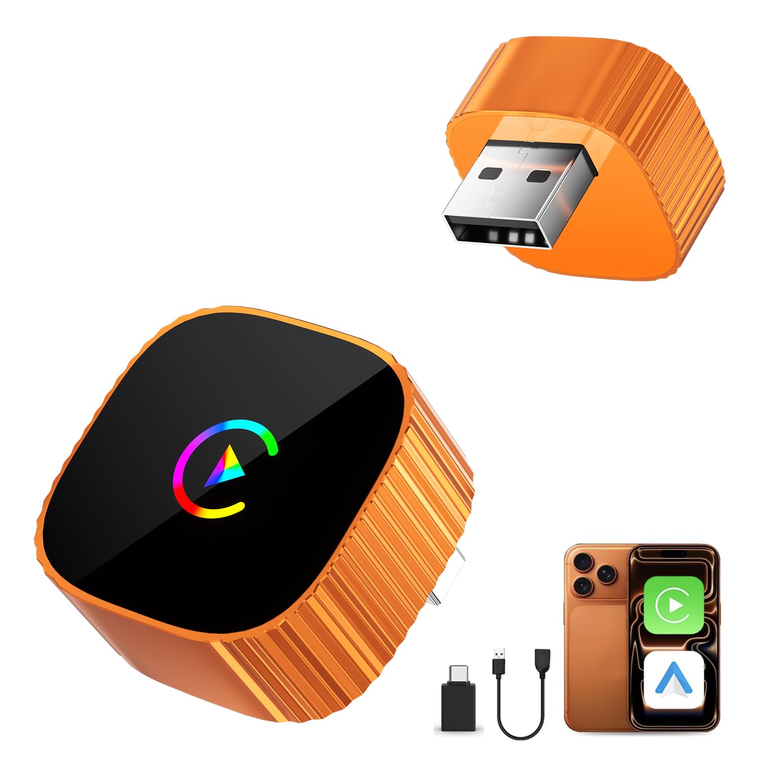 2-in-1 Wireless CarPlay for iPhone/Android Auto, Converts Wired to Wireless CarPlay, 2026 Upgrade, Faster & Stable, Plug & Play, no lag,1080P HD,Mini Size, Orange，USB-A & Type-C Port【Thumb Type】