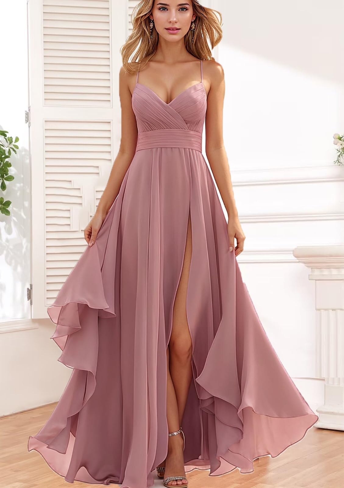 Brautjungfernkleider Spaghetti-Träger - Chiffon Kleider für Hochzeitsgäste Damen Lange Abendkleider mit Schlitz