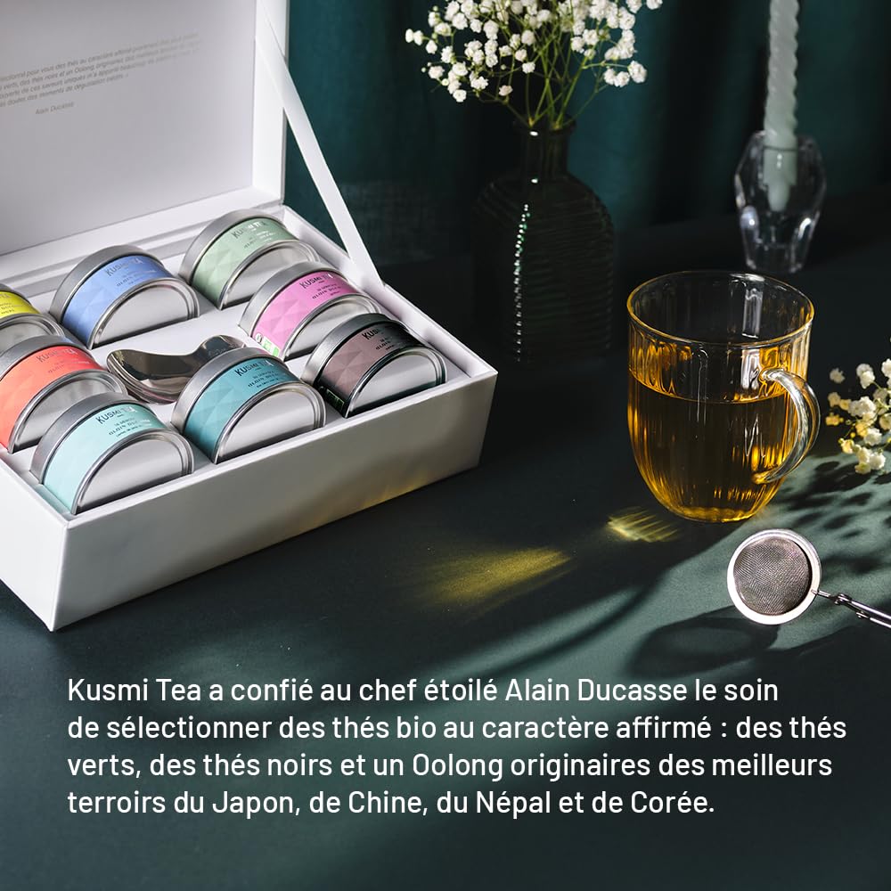 Kusmi Tea - Collection Alain Ducasse - 8 Miniatures de thé nature d'Asie + Cuillère à Thé - Assortiment de Thés Bio - Thé vert et Thé noir - Idée cadeau Homme et Femme - 8 boîtes de 25g