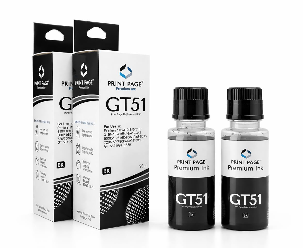 Print Page GT51 Premium Refill Ink Compatible for Ink Tank Printers 115, 310, 315, 319, 410, 415, 416, 419, 455, 500, 515, 530, 615, GT 5810, GT 5811, GT 5820 (Black - 2 pcs) (90ml Each)-image-46