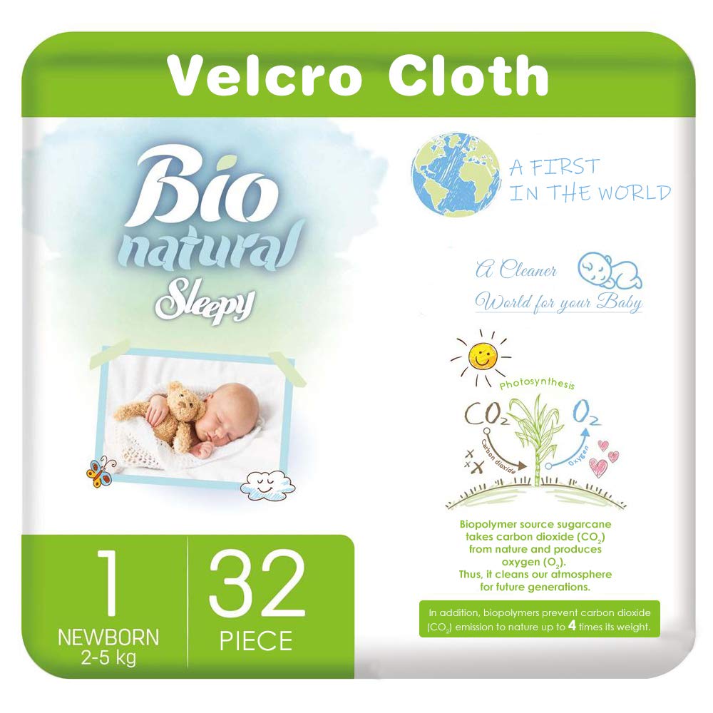 Sleepy Bio Natural Tape Diaper, Pure, Natural & Organic, New Born, Size 1 (2-5 KG), Pack of 32