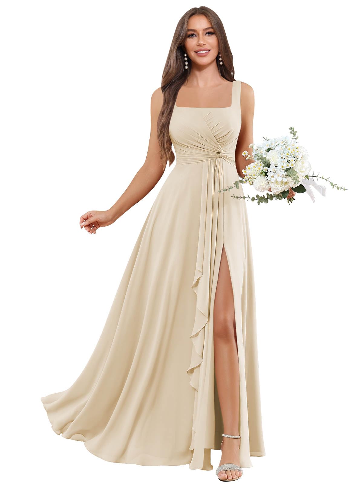 WarmTide Chiffon Bridesmaid Dress for Women - Square Neck A Line Pleated Slit Formal Evening Dress with Pockets