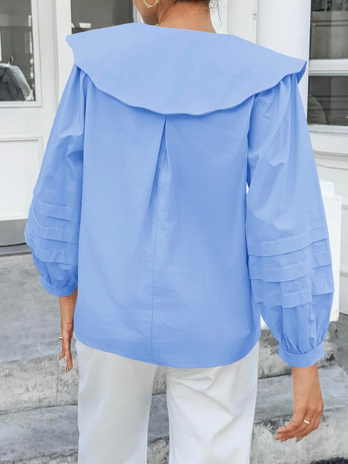 Cicy Bell Womens Peter Pan Collar Shirts Long Puff Sleeve Cotton Blouses Trendy Casual Loose Fit Tops - Image 6