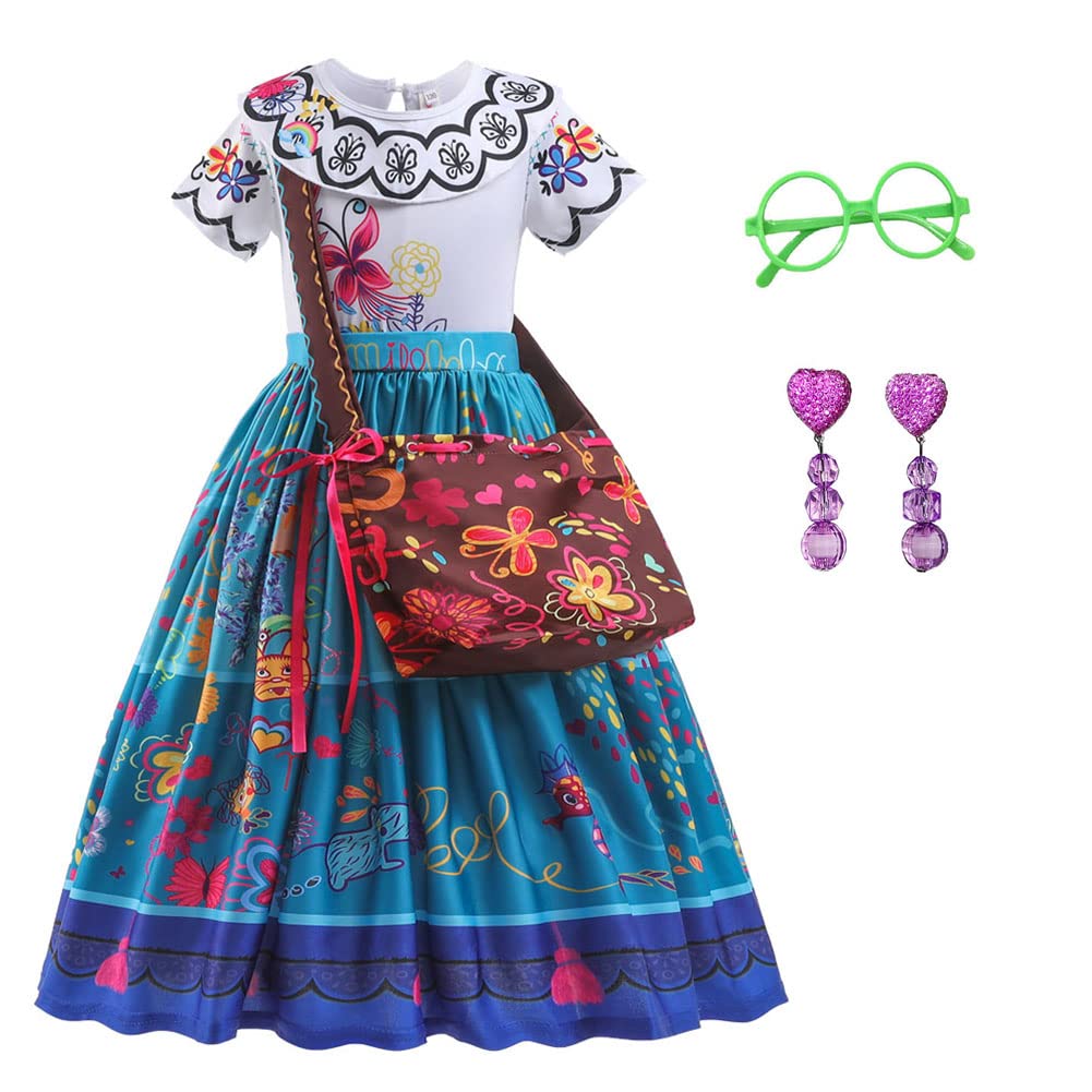 Yipkorra Encanto Mirabel Costume for Girls Cosplay Isabella Outfit Princess Halloween Dress Up With Earrings